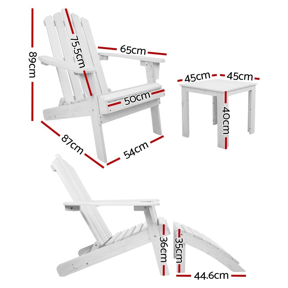 Gardeon Outdoor Sun Lounge Beach Chair - White Wooden Adirondack Patio Chair with Table Setting - Perfect for Poolside, Backyard & Beach Relaxation