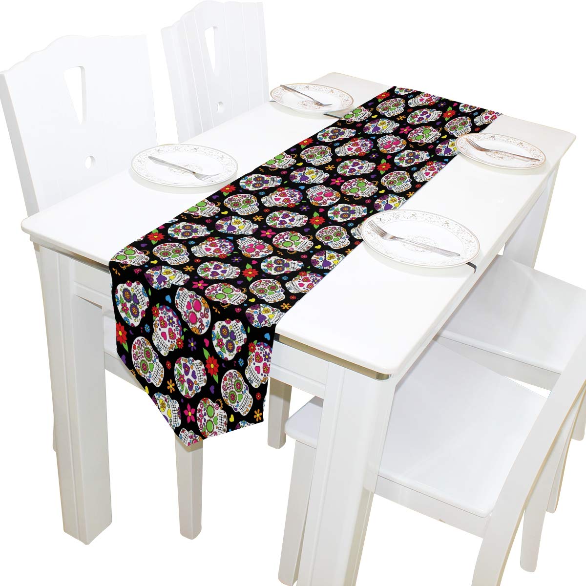 AUUXVA 13x90 Inches Long Mexican Skull Floral Print Polyester Table Runner - Perfect for Home Decor, Coffee Table, Kitchen, Dining Room, Party, Banquet & Holiday Celebrations