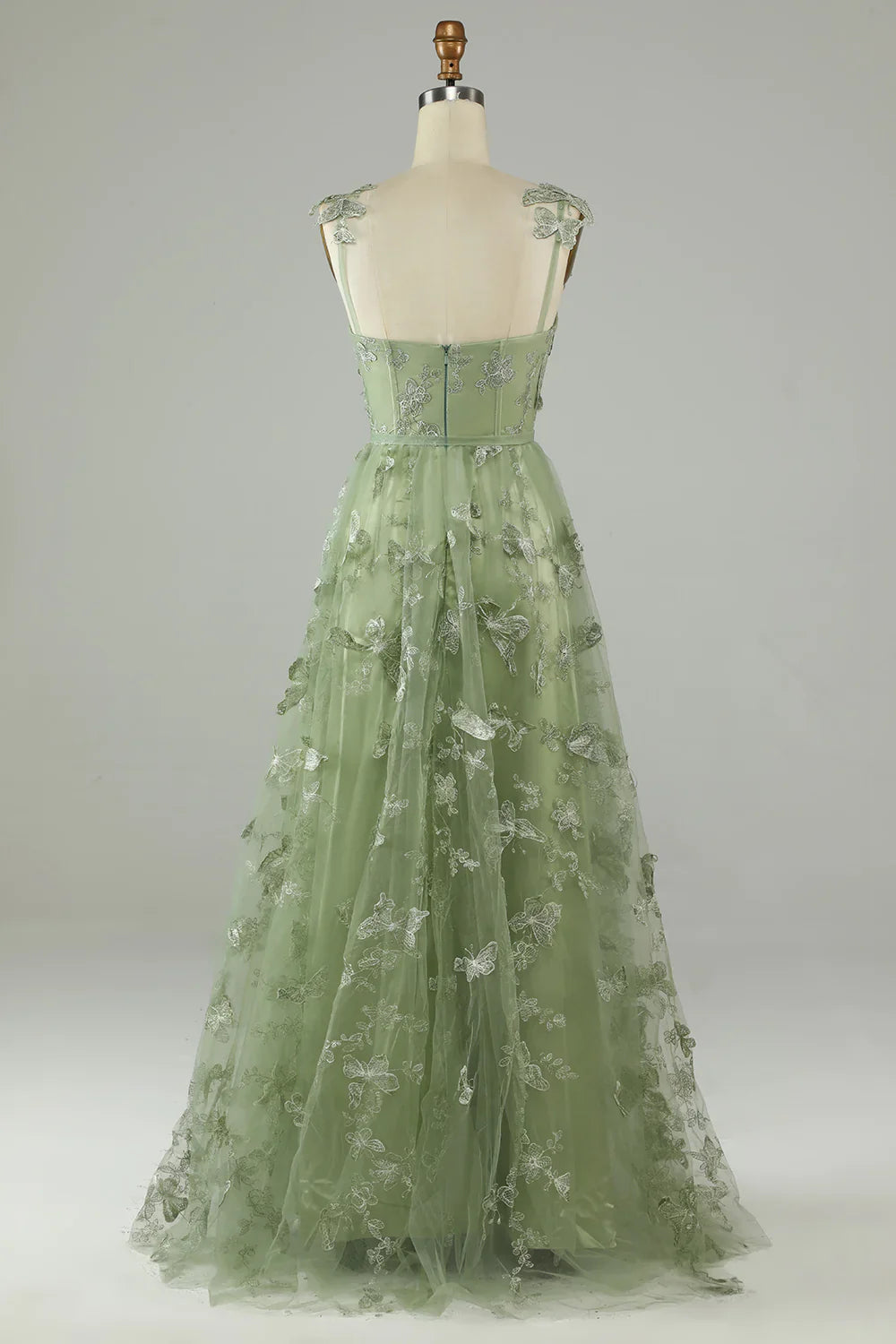 Elegant A-Line Green Corset Long Tulle Prom Dress with 3D Butterflies & Front Slit - Perfect for Formal Dances, Evening Galas and Special Occasions