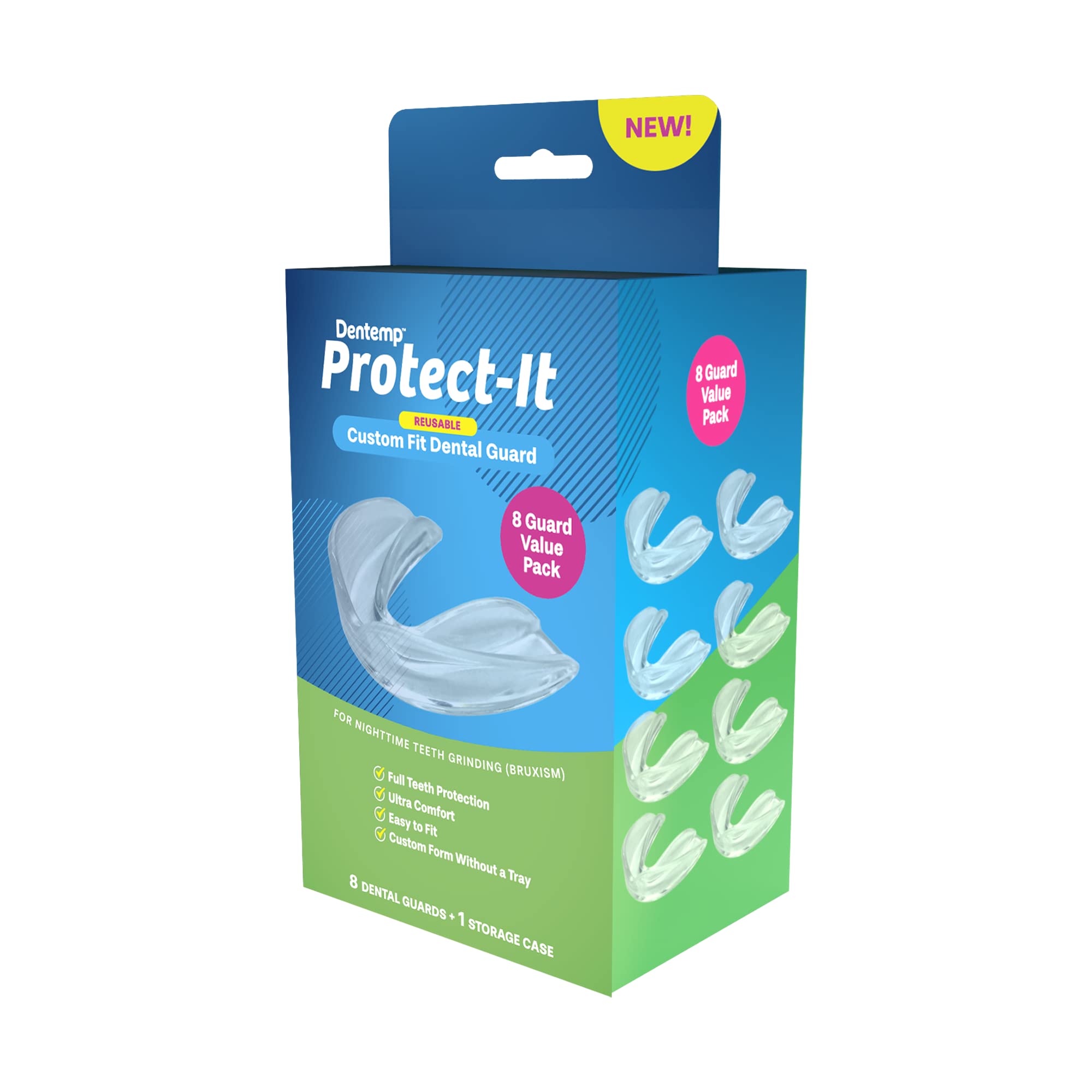Dentemp Protect-It Custom Fit Mouth Guard 8 Pack for Teeth Grinding & Clenching - Night Guards for Sleep Bruxism Relief - Perfect for Sports, Travel & Nighttime Teeth Protection