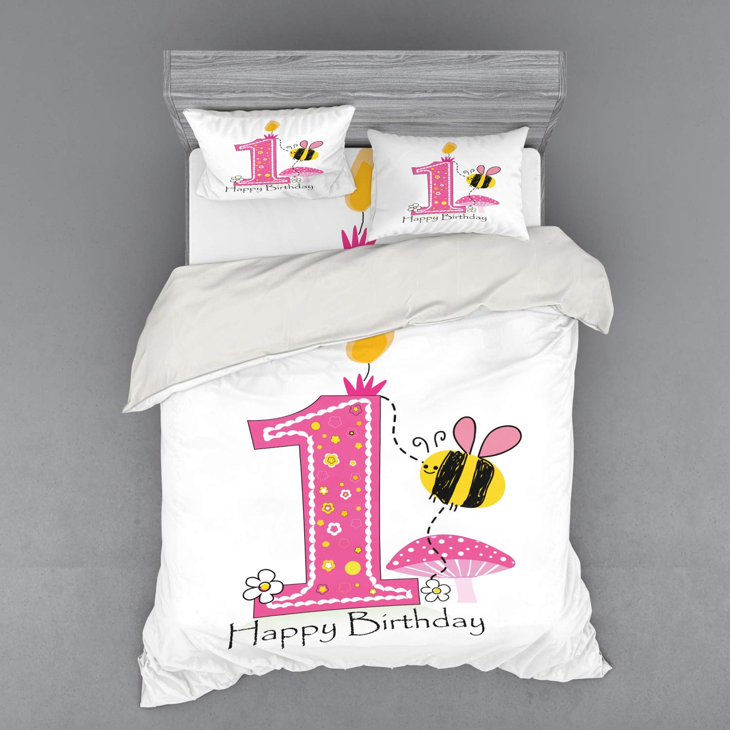Ambesonne 1st Birthday Duvet Cover Set - Cartoon Bee Party Cake & Candle Print 4-Piece Bedding Set with Shams & Fitted Sheet, Queen Size (Pink, Black, Yellow) - Perfect for Kids' Birthday Parties & Nursery Decor