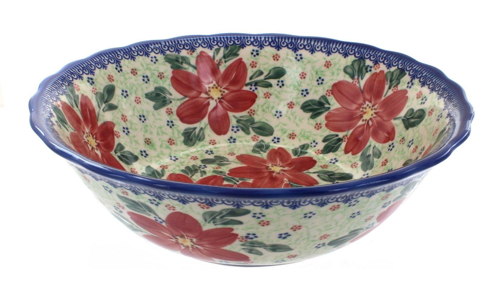 Blue Rose Polish Pottery Poinsettia Large Serving Bowl - Handmade Ceramic Christmas Holiday Serving Dish for Parties, Dining & Home Decor