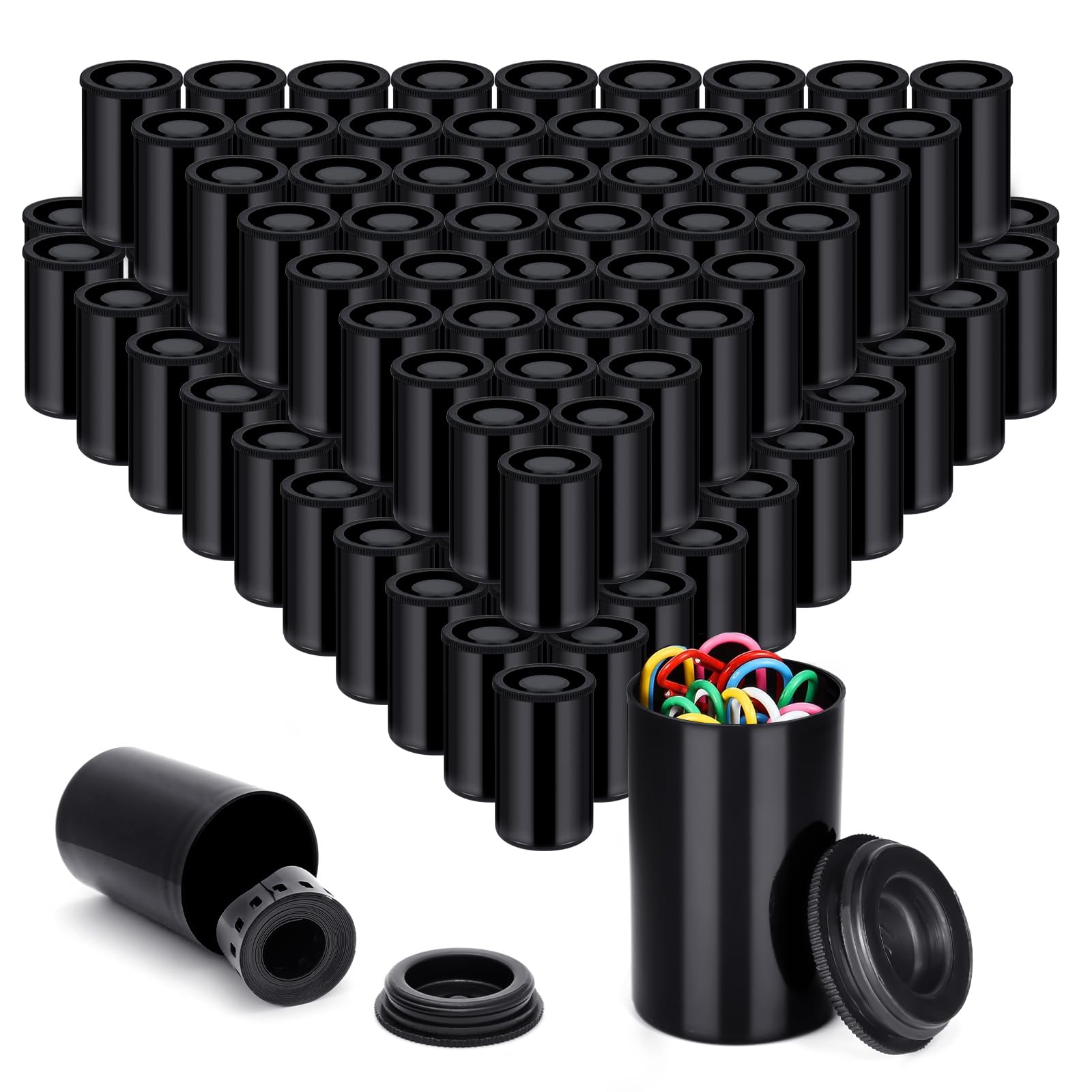 120 Pieces 35mm Black Plastic Film Canisters with Lids - Empty Camera Reel Storage Containers for Small Accessories, Fishing Hooks, Coins, Art Beads & Science Experiments - Perfect for Photography, Crafting & DIY Projects