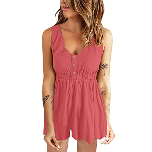 Women's Blue Jumpsuit - Summer Casual Short Sleeveless Romper with Scoop Neck, Button Down & Pockets (Pink, Size S) | Perfect for Beach Outings, Weekend Brunch & Summer Vacations