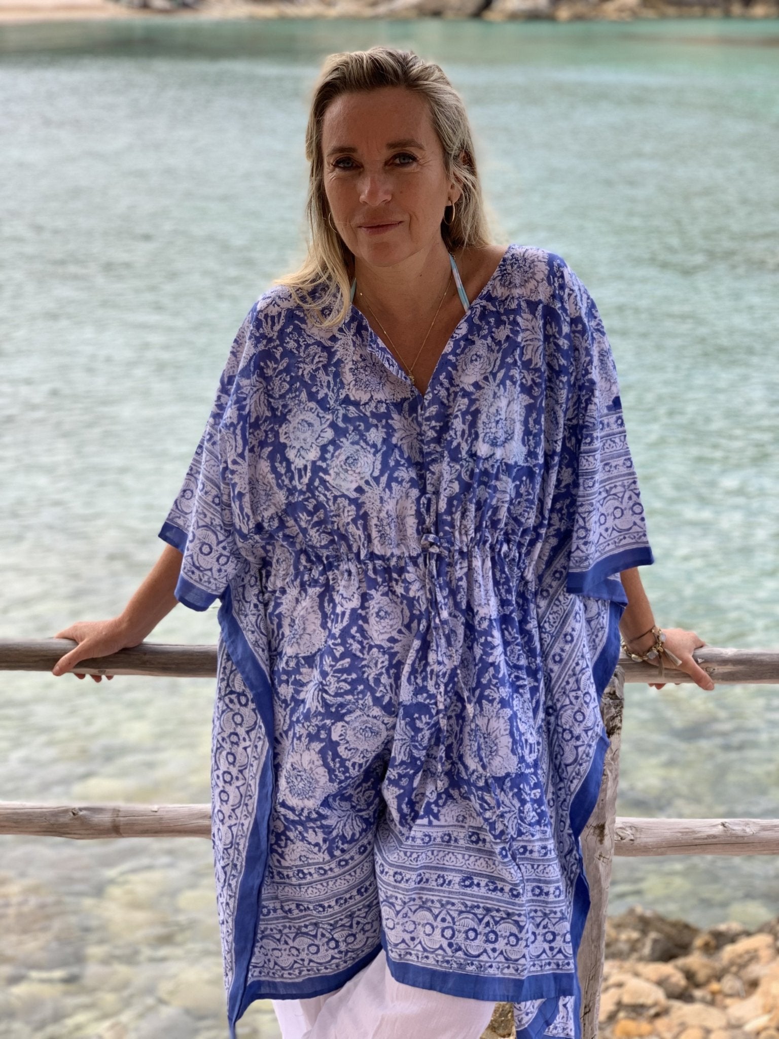 Stylish Blue Block Print Short Kaftan Dress - Perfect for Beach, Vacation & Summer Outfits