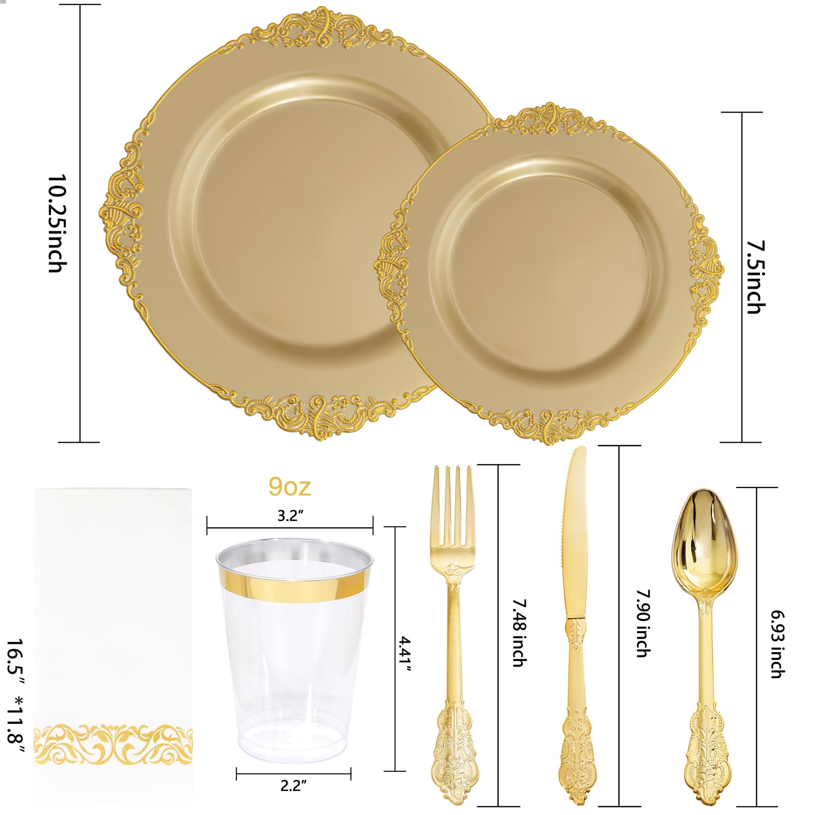 Morejoy 175PCS Elegant Gold Plastic Plates Set with Gold Rim - Disposable Dinnerware Includes 25 Dinner Plates, 25 Dessert Plates, 25 Cutlery Sets, 25 Napkins - Perfect for Wedding, Birthday Party, Baby Shower & Holiday Celebrations