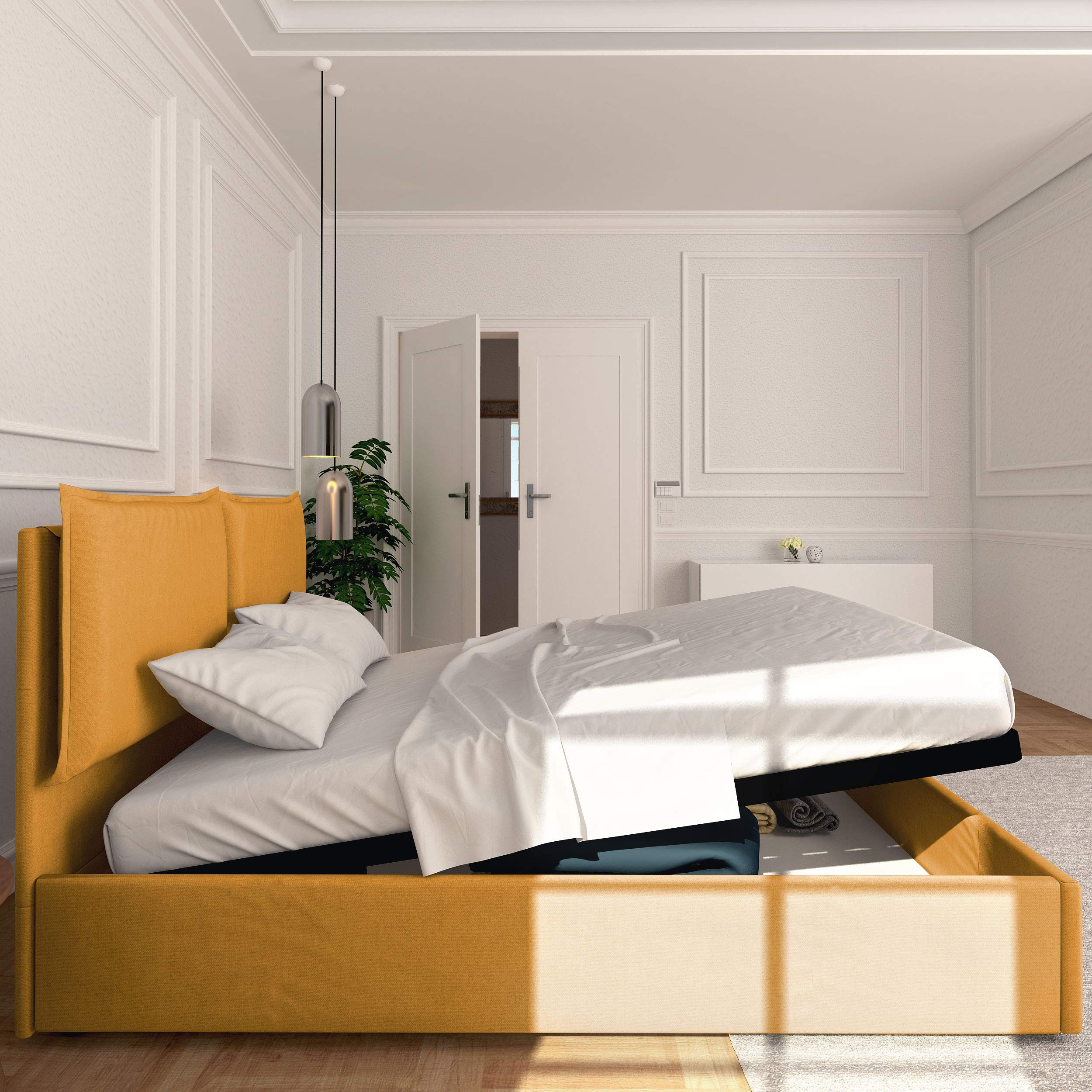 Baldiflex Licia Fabric Queen Size Bed Frame with Slatted Base - 160x190cm Platform Bed with Upholstered Headboard for Mattress Support | Perfect for Master Bedrooms & Guest Rooms