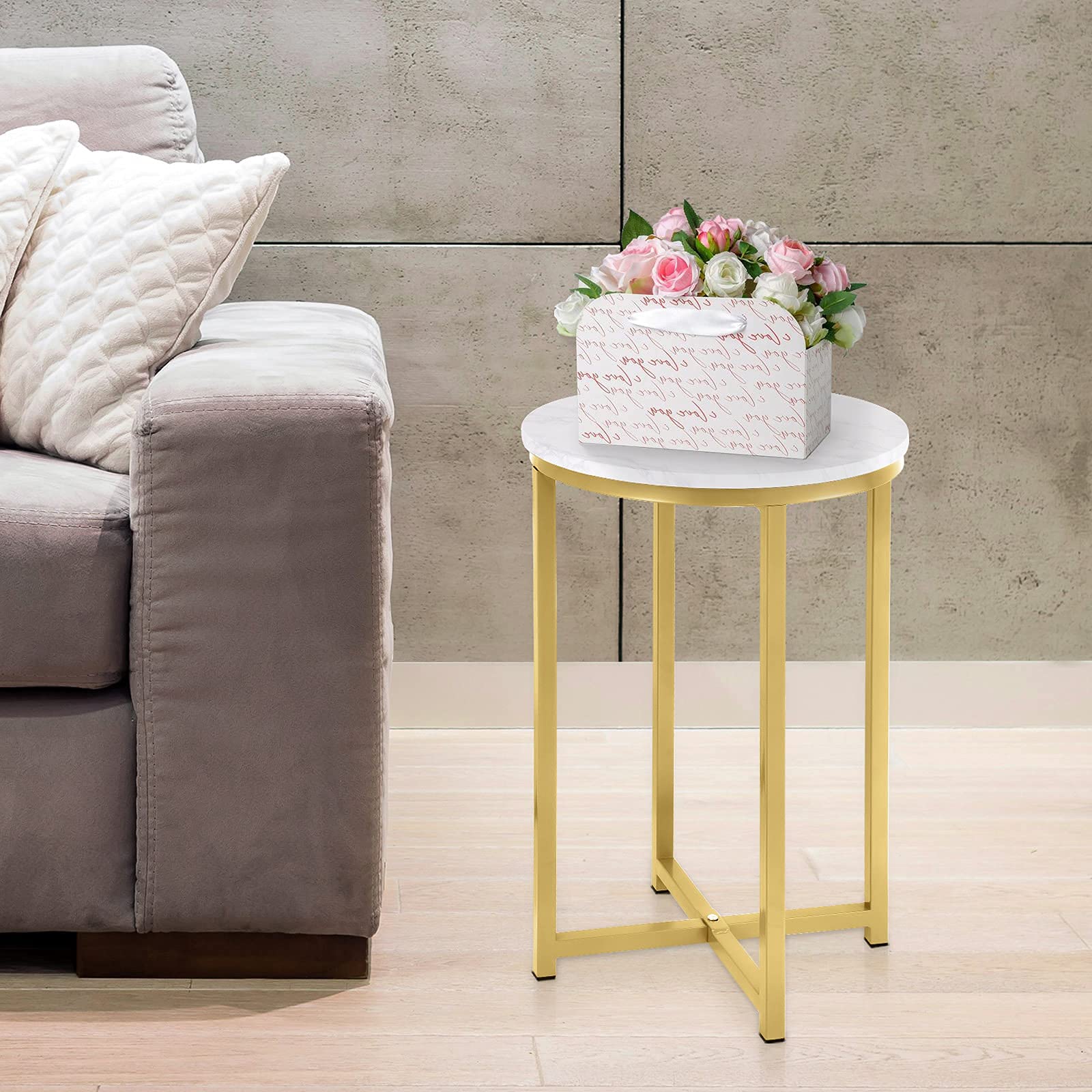Stylish Round Side Table with Marble Top & Gold Metal Base - Modern End Table, Nightstand or Coffee Table for Bedroom, Living Room, Office - 16
