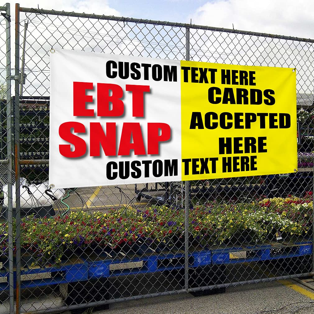 Custom Vinyl Banner - Multiple Sizes (60x144 Inches) | Weatherproof Outdoor Business Sign with 10 Grommets | Accepts EBT & Snap Cards | Buy Here Pay Here | Personalized Text Options | Perfect for Car Dealerships, Yard Sales & Storefront Advertising