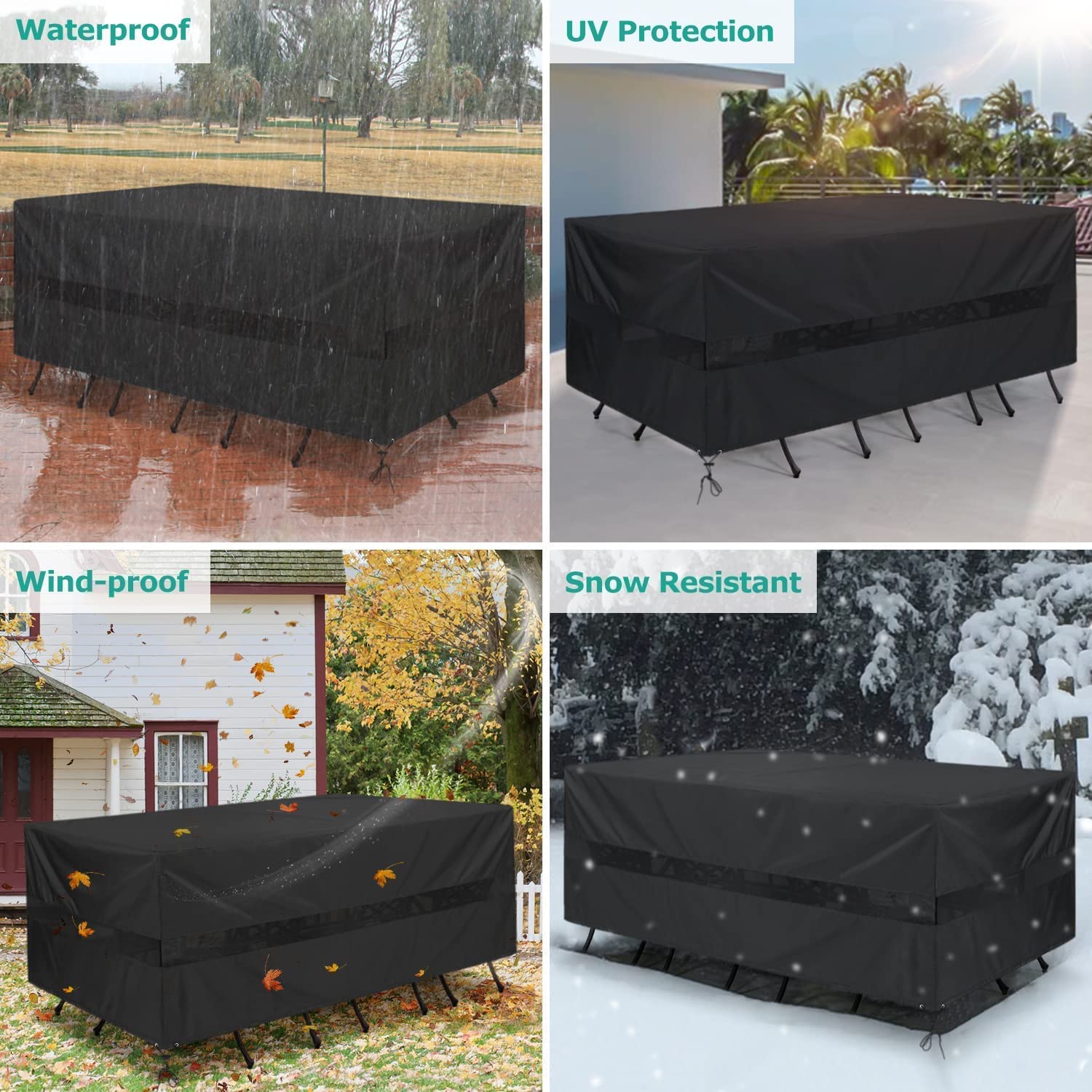 **SunPatio Waterproof Outdoor Patio Furniture Cover for Rectangular Table & Chairs Set - All-Weather Protection with Drawstrings & Taped Seams (76