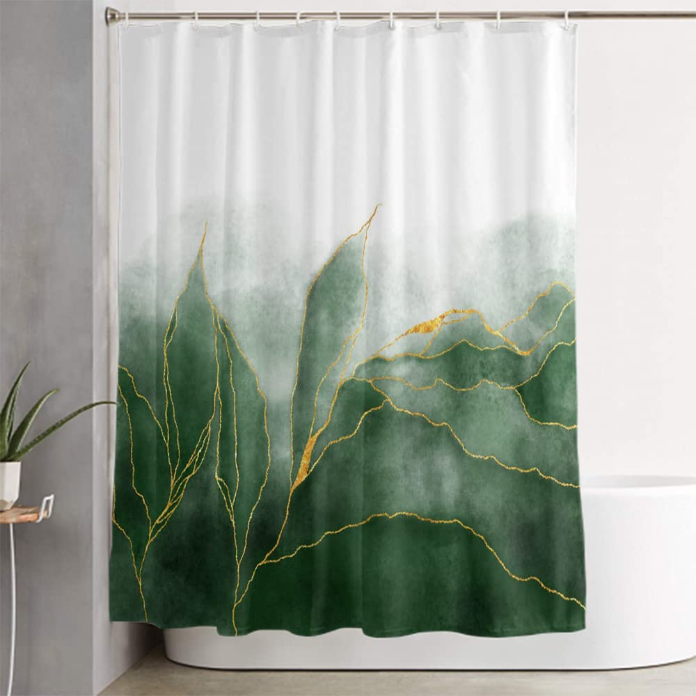 LOKMU 4-Piece Waterproof Shower Curtain Set with Non-Slip Bath Mat, Toilet Lid Cover & 12 Hooks - Green Paint & Gold Veins Design, 72x72 Inches - Perfect for Bathroom Decor & Spa-Like Shower Experience