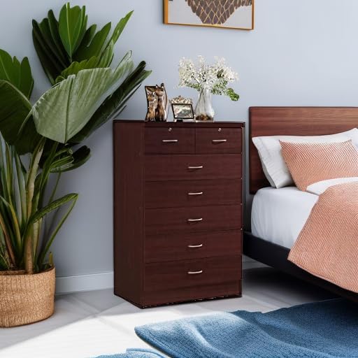HODEDAH 7-Drawer Wooden Dresser for Bedroom - 31.5 Inch Wide Chest of Drawers with 2 Locking Top Drawers - Mahogany Storage Organizer for Clothes, Bedroom Furniture - Perfect for Master Bedroom, Guest Room & Dorm Organization