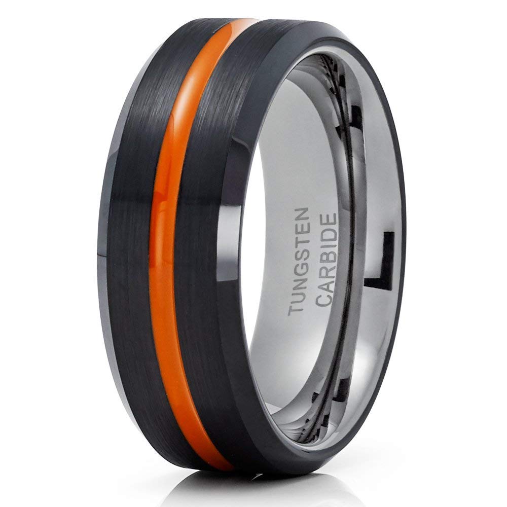 Orange & Black Tungsten Wedding Rings for Men & Women – Durable Comfort Fit Anniversary & Engagement Bands – Perfect for Everyday Wear, Weddings, and Special Occasions