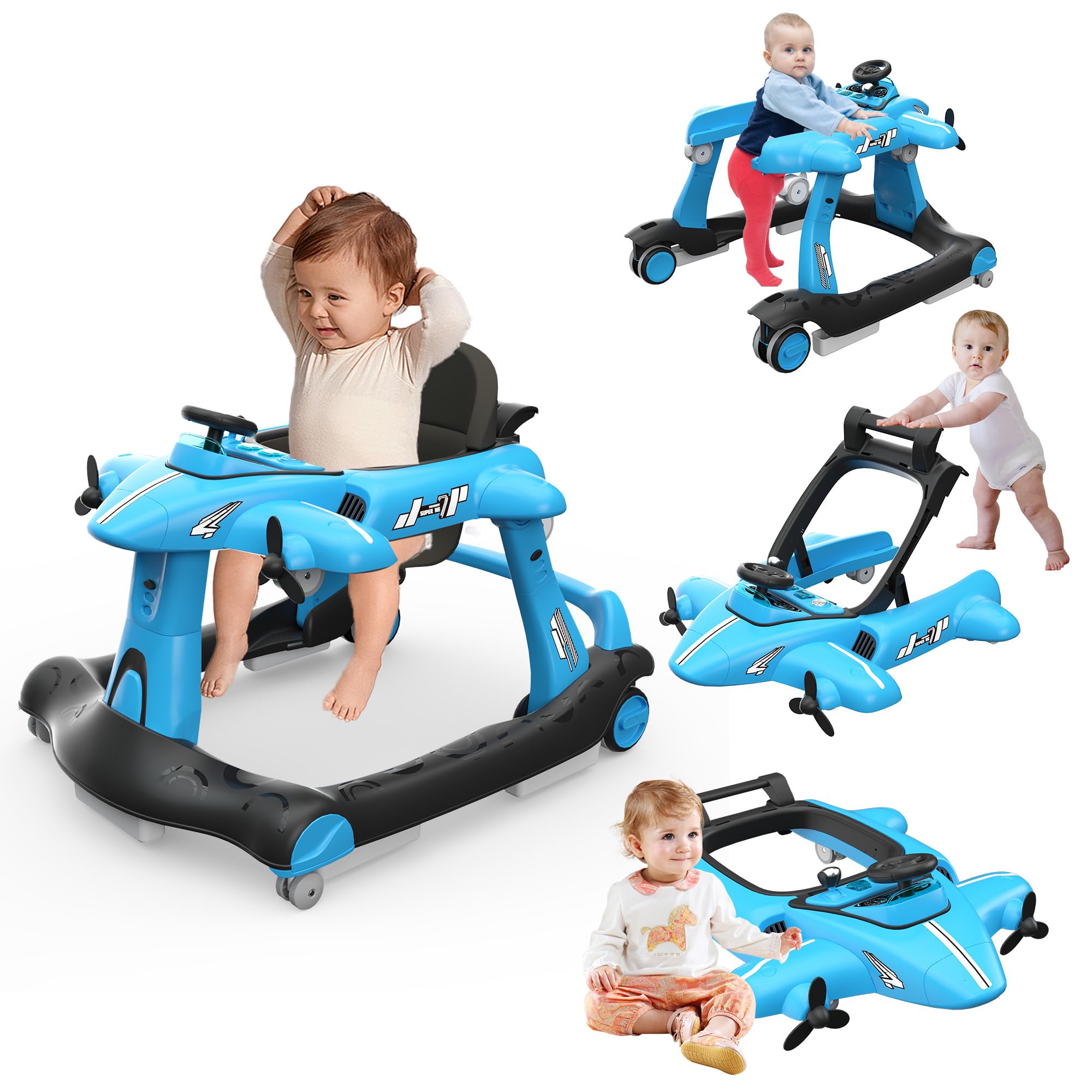 6-in-1 Foldable Baby Walker with Adjustable Height & Speed | Airplane-Themed Activity Push Walker with Music, Lights & Wheels | Anti-Slip Design for Safety | Perfect Gift for Boys & Girls 6-18 Months | Ideal for Learning to Walk & Indoor Playtime