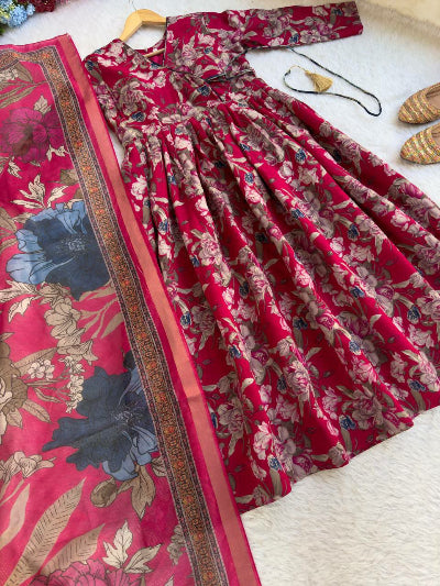 Elegant Pink Roman Silk Floral Anarkali Gown with Dupatta Set of 2 - Perfect for Weddings, Parties & Festive Occasions
