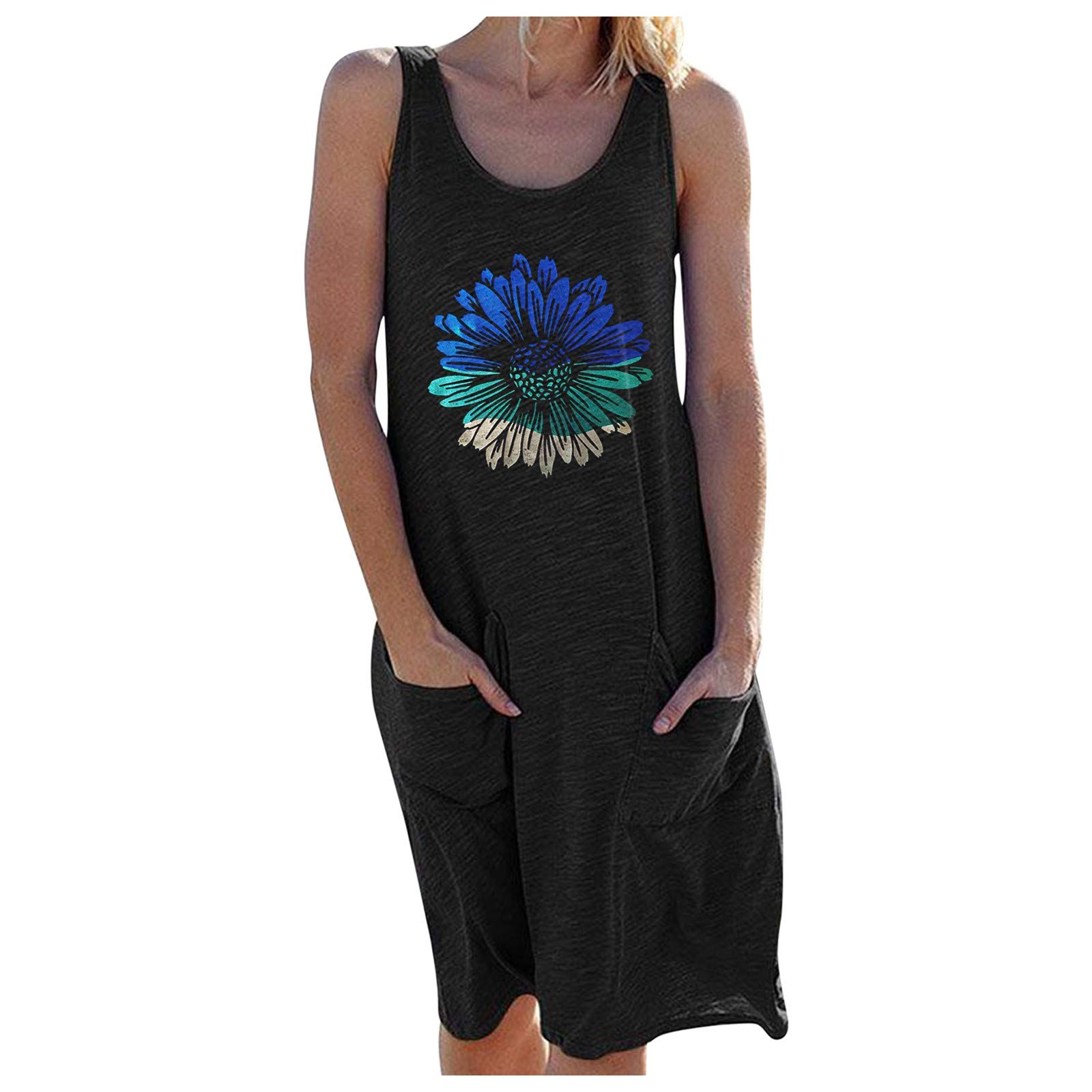**Women's Sleeveless Athletic Dress with Neck Pocket - Casual Round Neck Chrysanthemum Print Dress for Running, Yoga & Outdoor Activities**