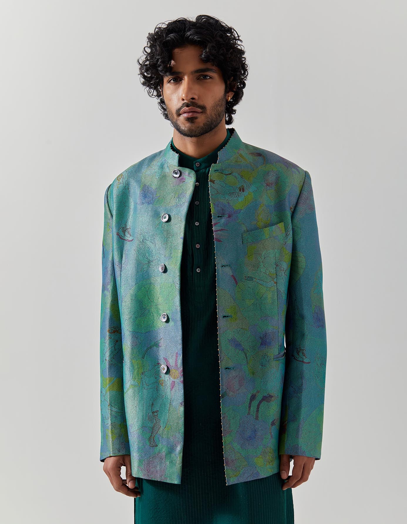 Elegant Bandhgala Silk Brocade Jacket in Aqua Fresco Color - Perfect for Weddings, Parties & Formal Events