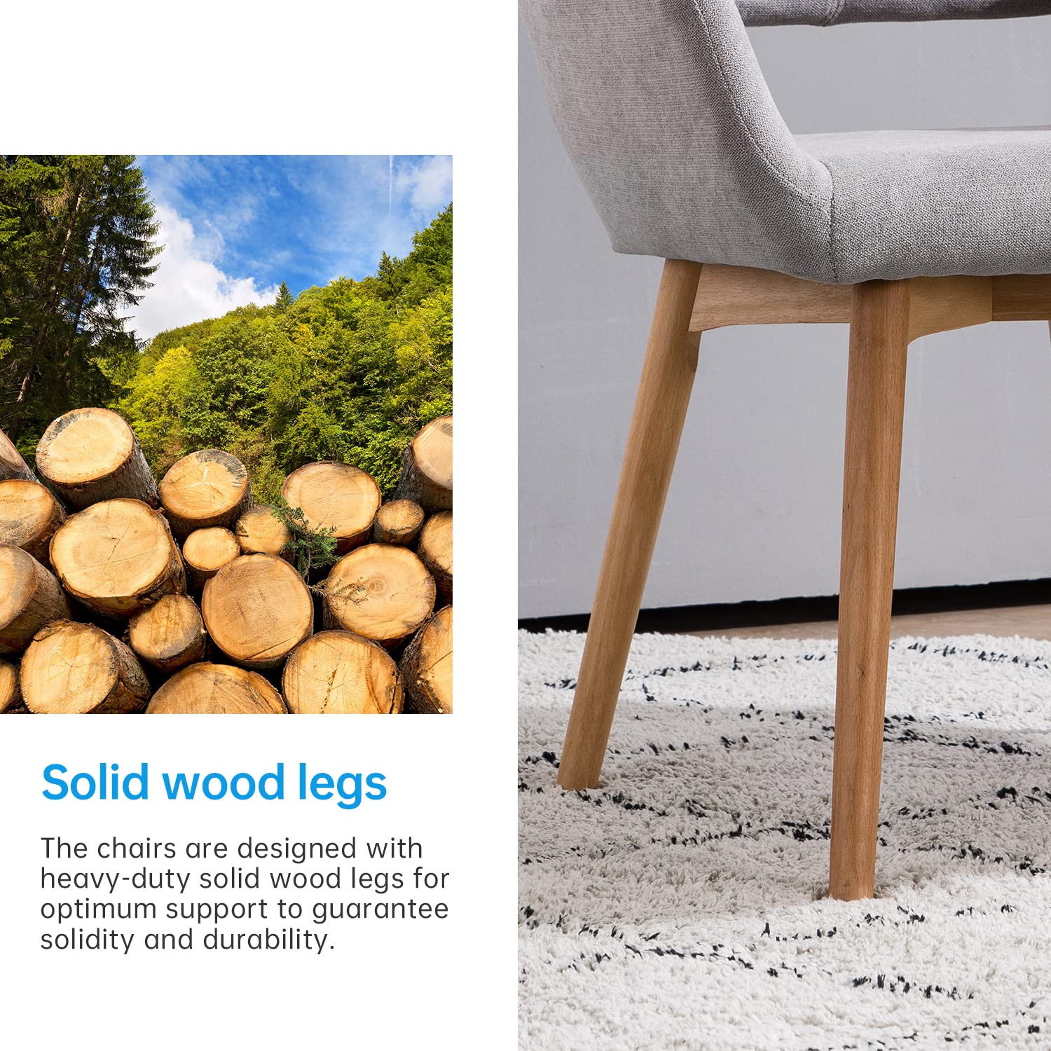 Modern Dining Chairs Set of 2 - Solid Wood Legs, Gray Kitchen & Living Room Armchairs for Home, Restaurant, Office - Comfortable Guest Seating for Dining Room, Bedroom, and Lounge Areas