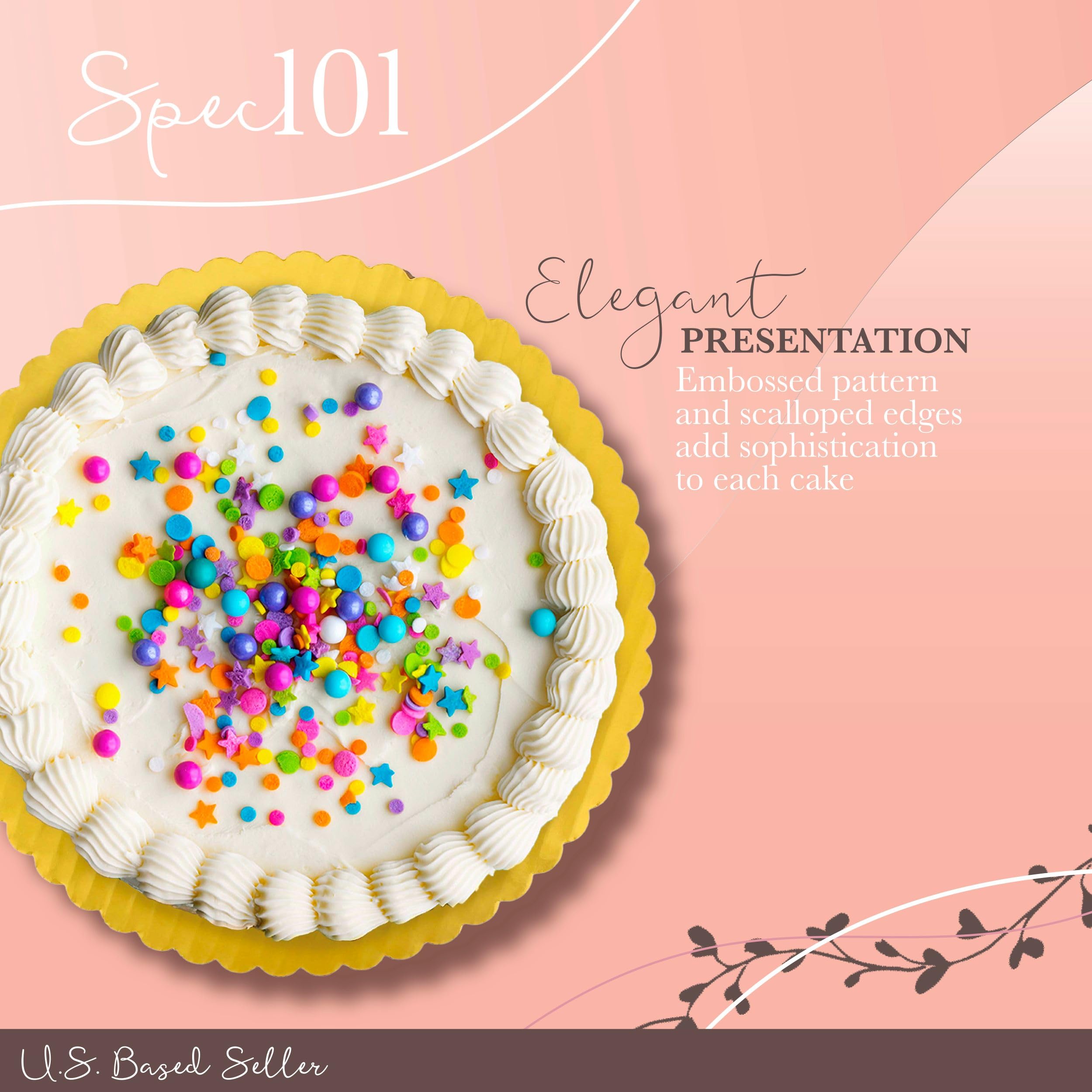 20-Pack 10 Inch Round Gold Cake Boards with Scalloped Foil Edge - Sturdy Cardboard Cake Drums for Professional Baking, Wedding Cakes, Birthday Parties & Dessert Displays