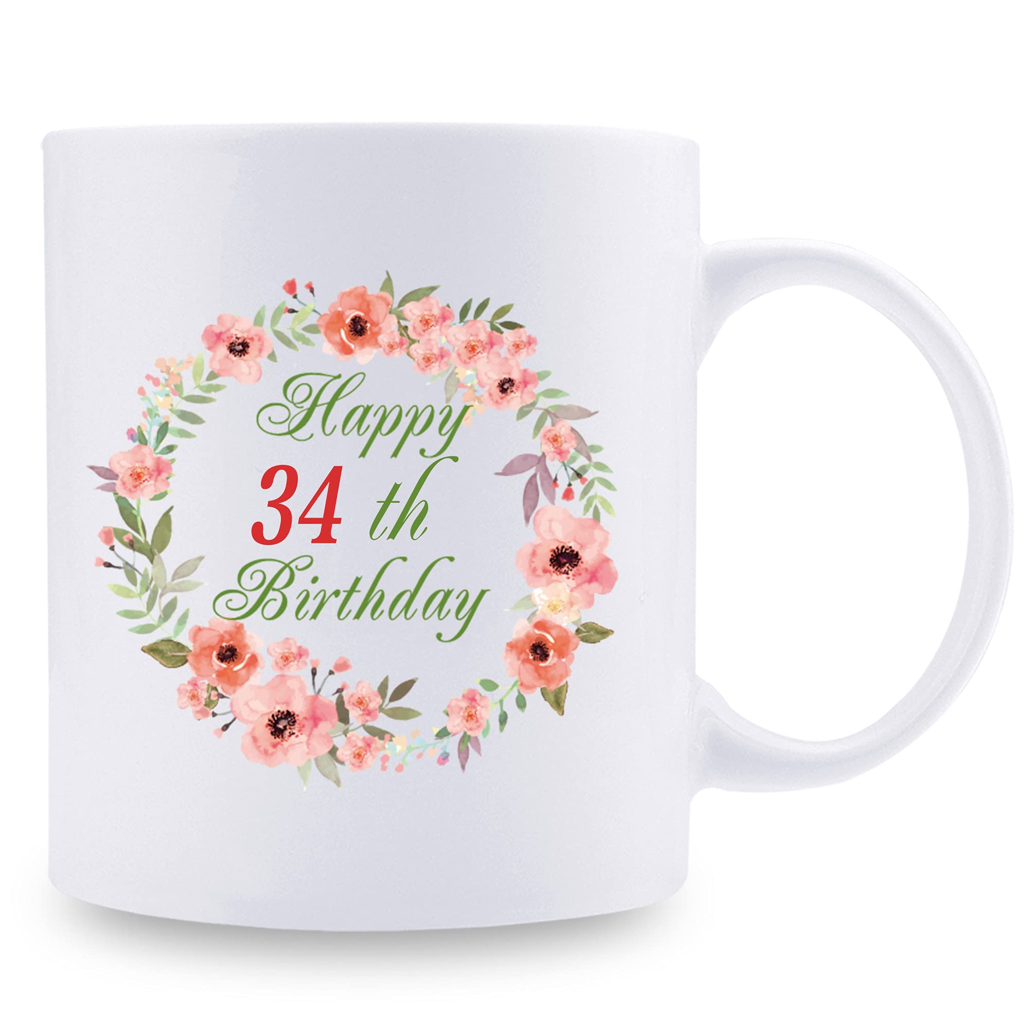 34th Birthday Gifts for Women - 11 oz Coffee Mug with Garland Design - Perfect Present for Daughter, Sister, Wife, Friend, Cousin & Aunt - Great for Coffee, Tea or Hot Chocolate at Home, Office or Birthday Celebrations