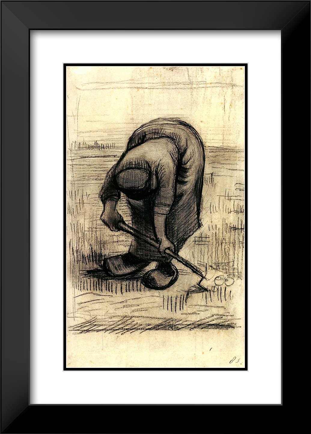 Van Gogh 'Peasant Woman Lifting Potatoes II' 18x24 Framed Art Print - Black Modern Double Mat Wall Decor for Living Room, Bedroom & Office