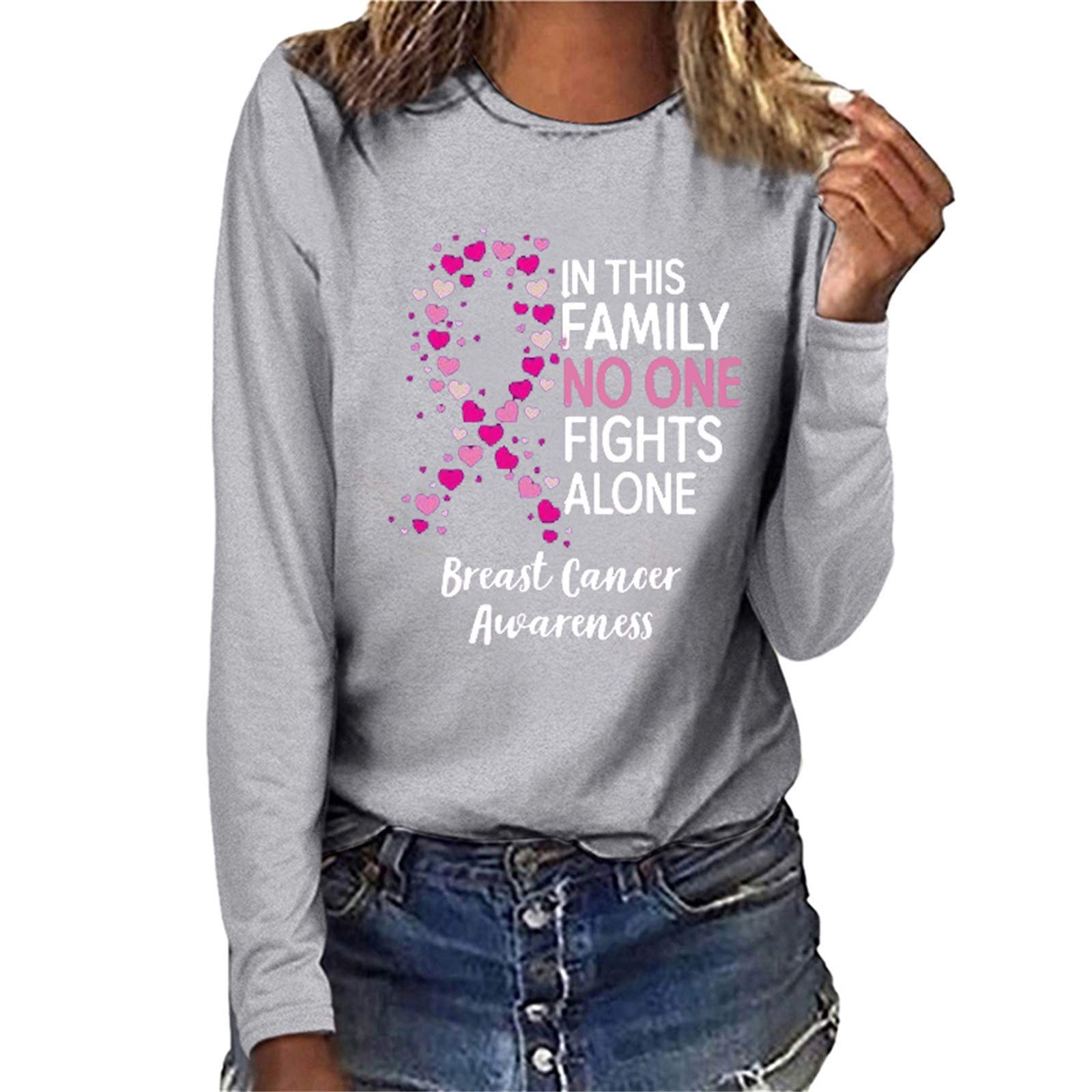 Oelaio Women's Breast Cancer Awareness Long Sleeve Pullover Sweatshirt - Pink Ribbon Print Survivor Tops for Fall & Winter | Comfortable Casual Wear for Charity Events, Fundraisers and Daily Support