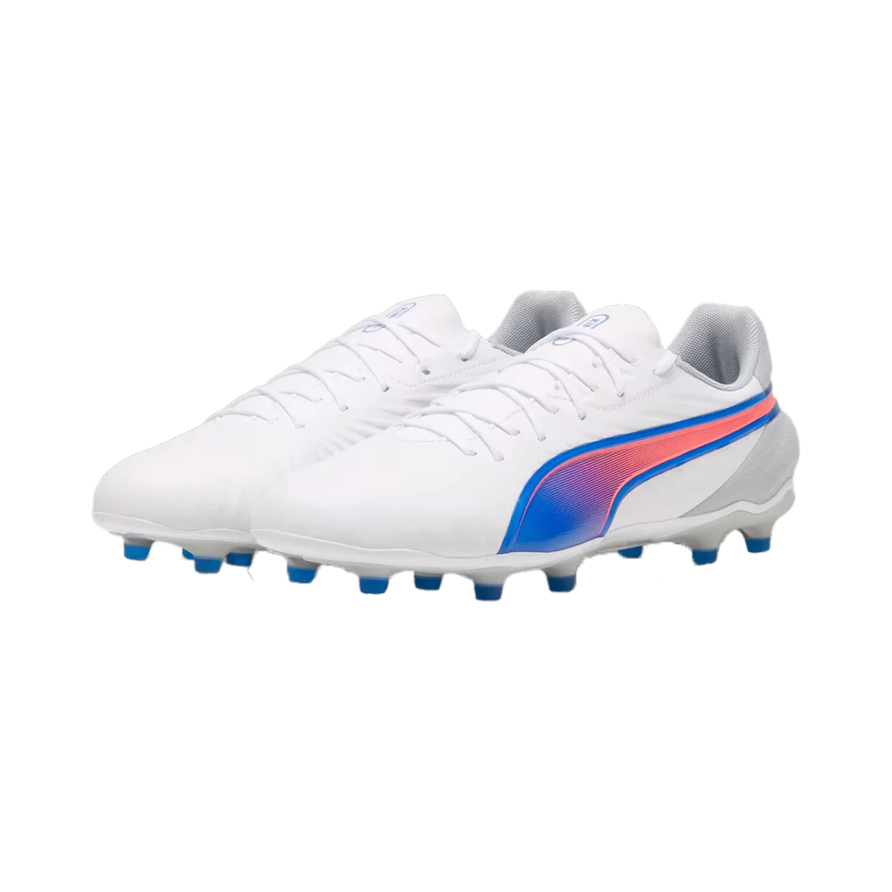 Puma King Match FG/AG Soccer Cleats for Men - White/Bluemazing/Light Grey Football Shoes - Perfect for Artificial Grass & Firm Ground Matches