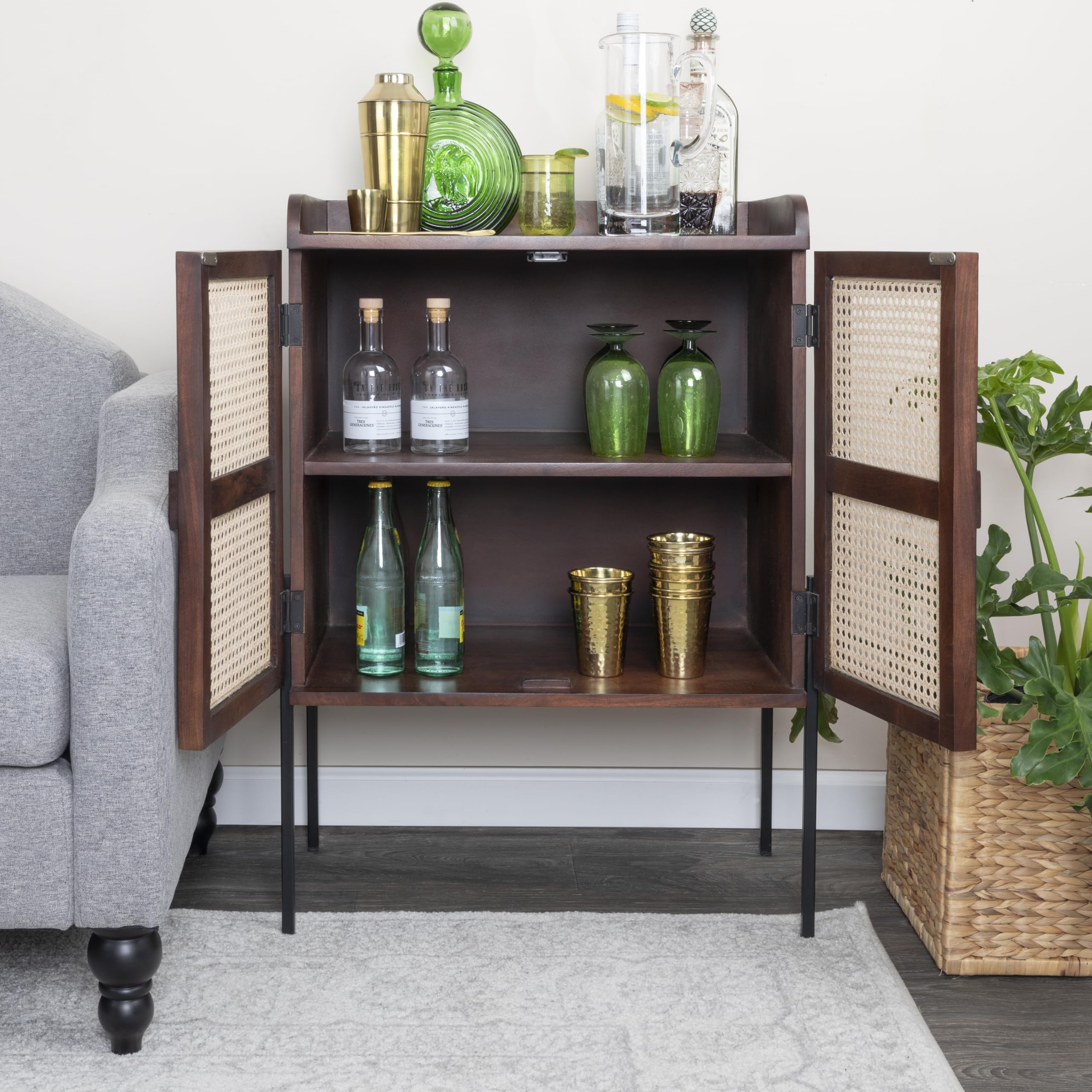 Creative Co-Op Modern Walnut Wood & Metal Bar Cabinet with Cane Panels - Perfect for Home Bar, Dining Room & Living Room Storage
