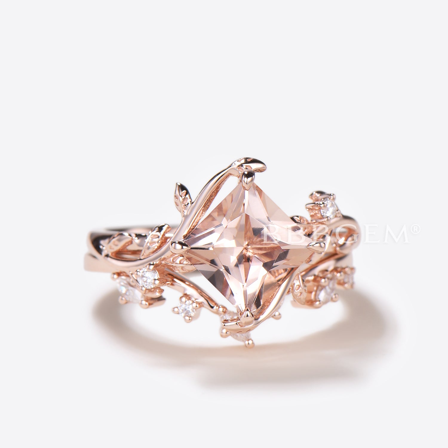 Princess Cut Morganite Leaf Engagement Ring with Diamond Accents - Nature Inspired Bridal Jewelry Set for Wedding, Proposal & Anniversary Gifts