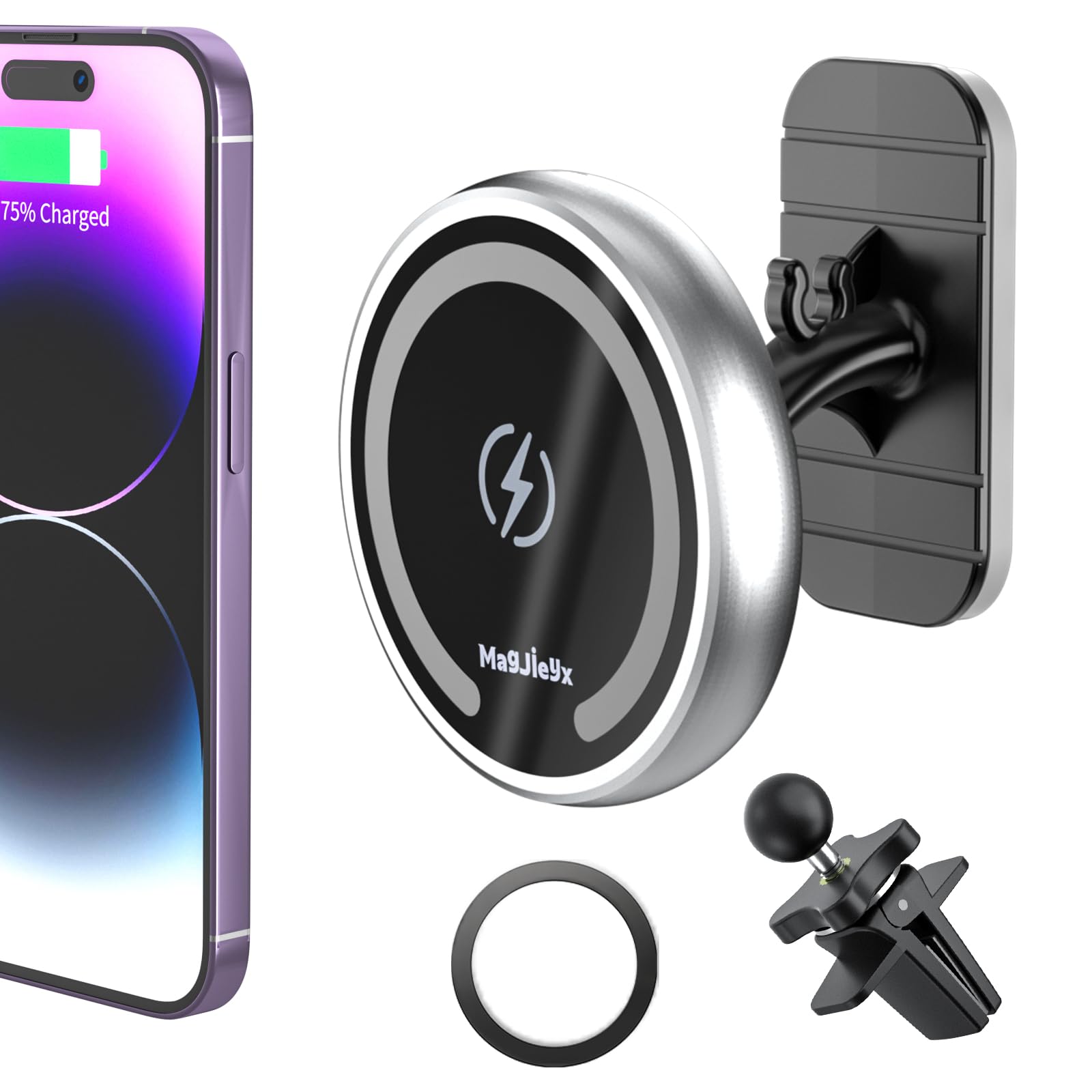 Magnetic MagSafe Car Charger Mount - 15W Fast Wireless Charging Phone Holder for iPhone 16/15/14 Pro Max/13/12/11, Compatible with MagSafe Cases - Dashboard & Air Vent Mount (Silver) | Perfect for Road Trips & Daily Commute