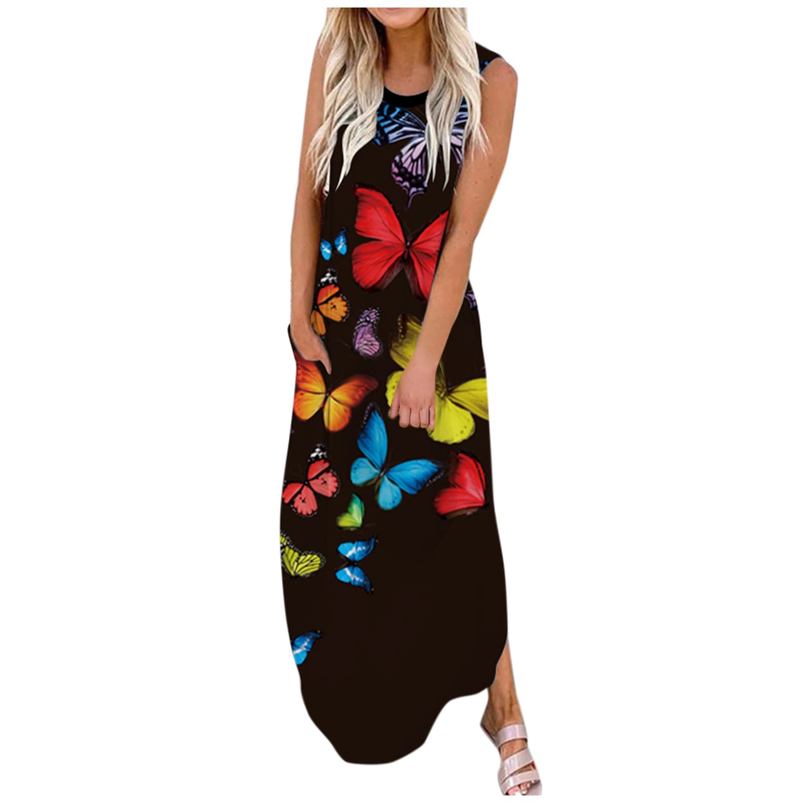 Tie-Dye Maxi Dresses for Women - Casual Loose Floral & Graffiti Print Sleeveless Long Summer Dress - Perfect for Beach Vacations, Music Festivals & Boho Fashion