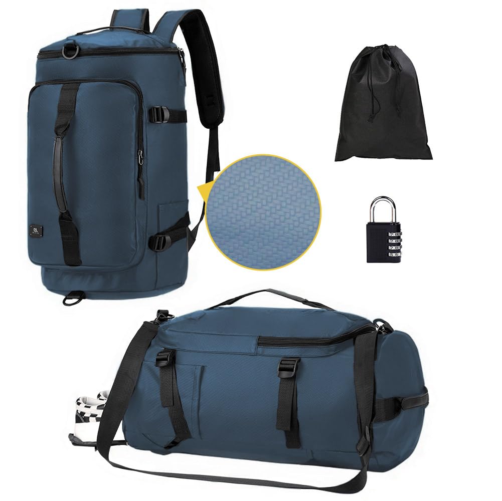 45L Large Capacity Unisex Fitness Bag with Shoe Compartment & Wet Pocket - Sports Luggage Travel Backpack for Gym, Weekend Trips & Overnight Stay - Secure Password Lock - Blue