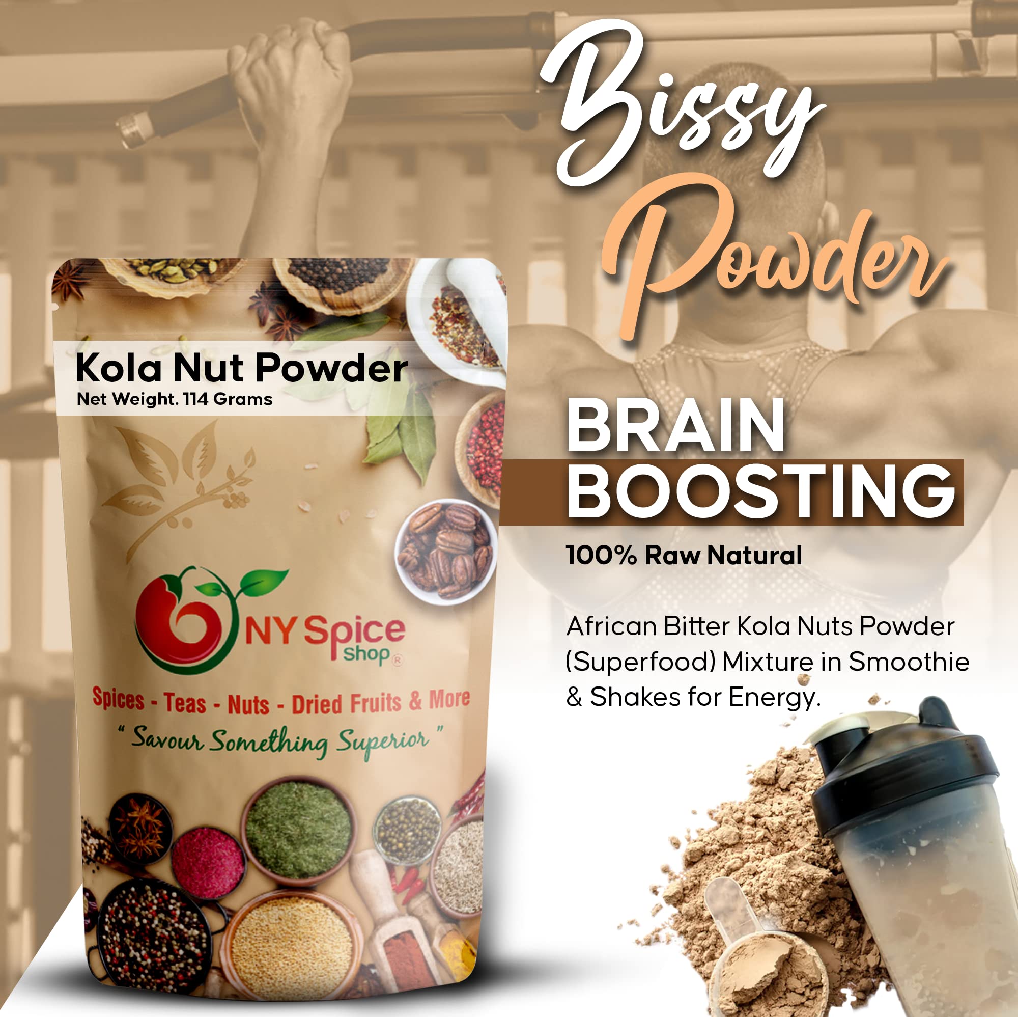 NY Spice Shop Premium Kola Nut Powder - 4oz Pure Jamaican Bissy Powder, Natural African Superfood, Raw Energy Booster | More Effective Than Coffee & Tea | Perfect for Smoothies, Protein Shakes & Herbal Teas | Organic Caffeine Alternative for Workouts & Focus