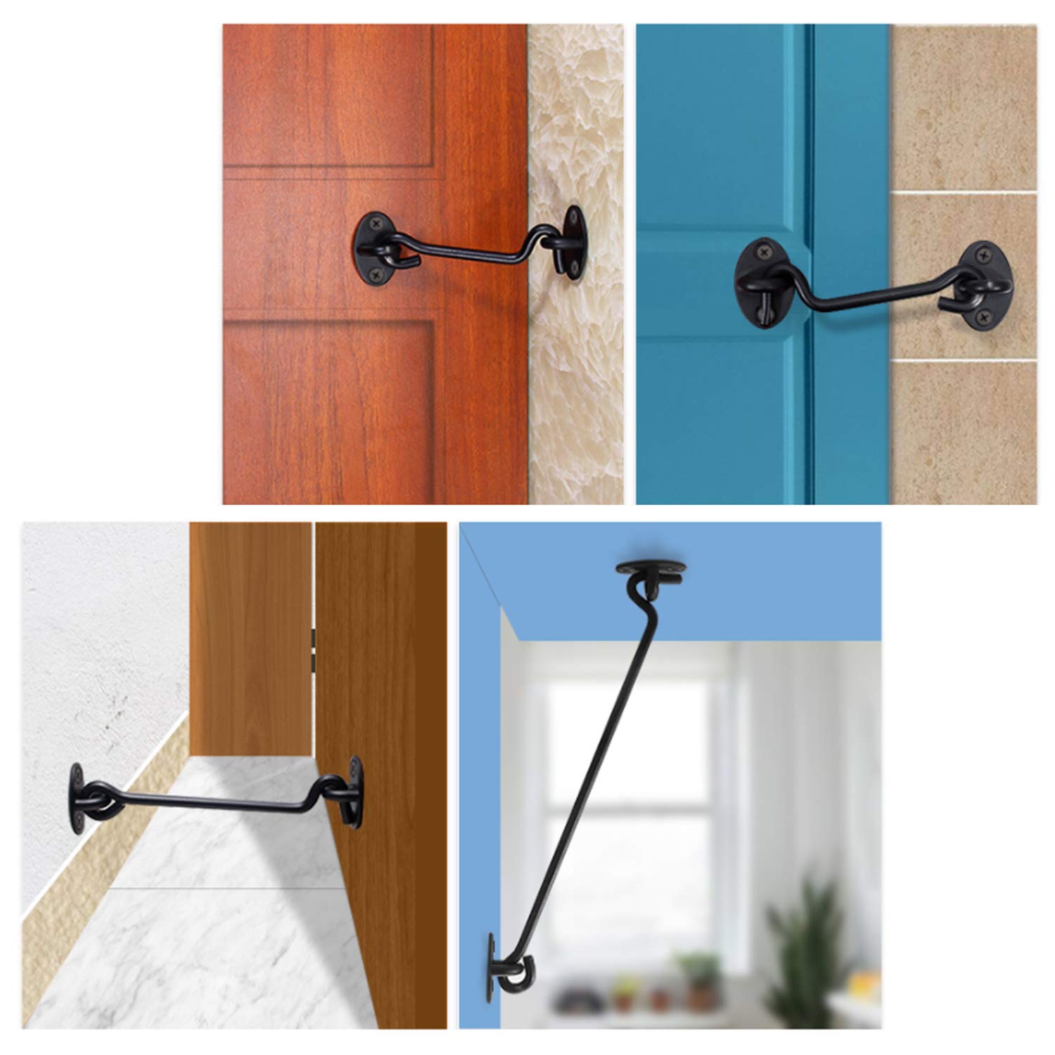 **Antrader 6-Inch Barn Door Lock Set - Stainless Steel Black Privacy Hook & Eye Latch for Cabin, Gate, Closet, Window - Includes Mounting Screws (4 Pack) - Secure Sliding Doors & Home Privacy**