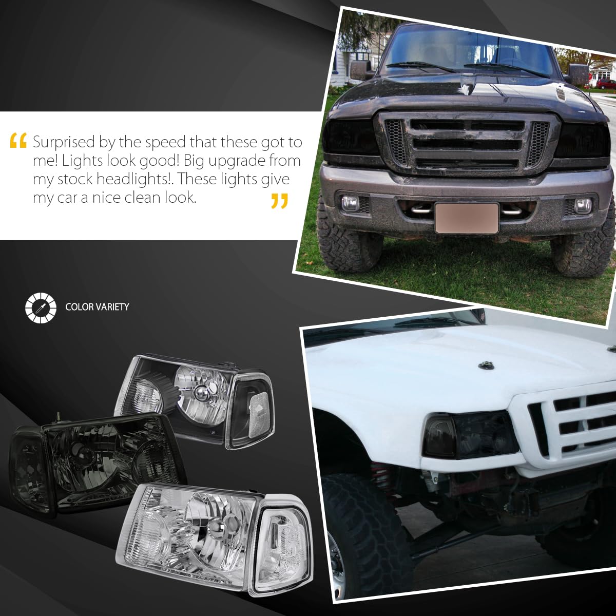 AUTOZENSATION Smoke Crystal Headlights & Corner Lights Turn Signal Pair - Compatible with 2001-2011 Ford Ranger (Left & Right) | Upgrade for Night Driving & Off-Road Adventures