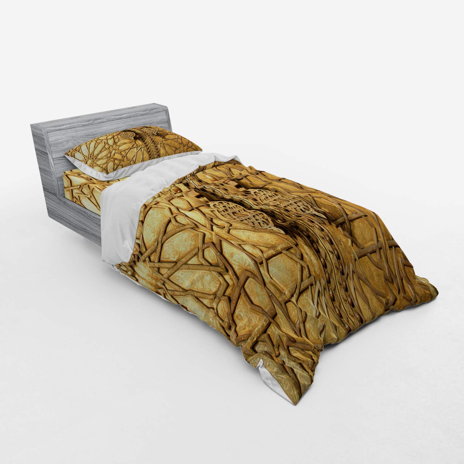 Ambesonne Moroccan Bedding Set - 3 Piece Duvet Cover with Sham & Fitted Sheet, Twin Size, Pale Brown | Royal Palace in Marrakesh Oriental Design | Perfect for Guest Rooms, Vacation Homes & Bohemian Bedroom Decor