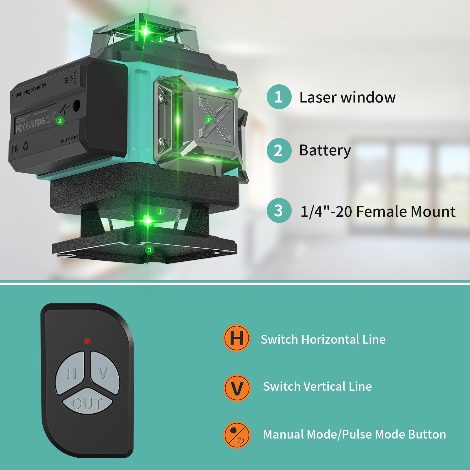 16-Line Self-Leveling Laser Level with 4x360° 4D Green Cross Line - Rechargeable Batteries, Dimmable Brightness & Remote Control - Perfect for Construction, Renovation, and DIY Projects