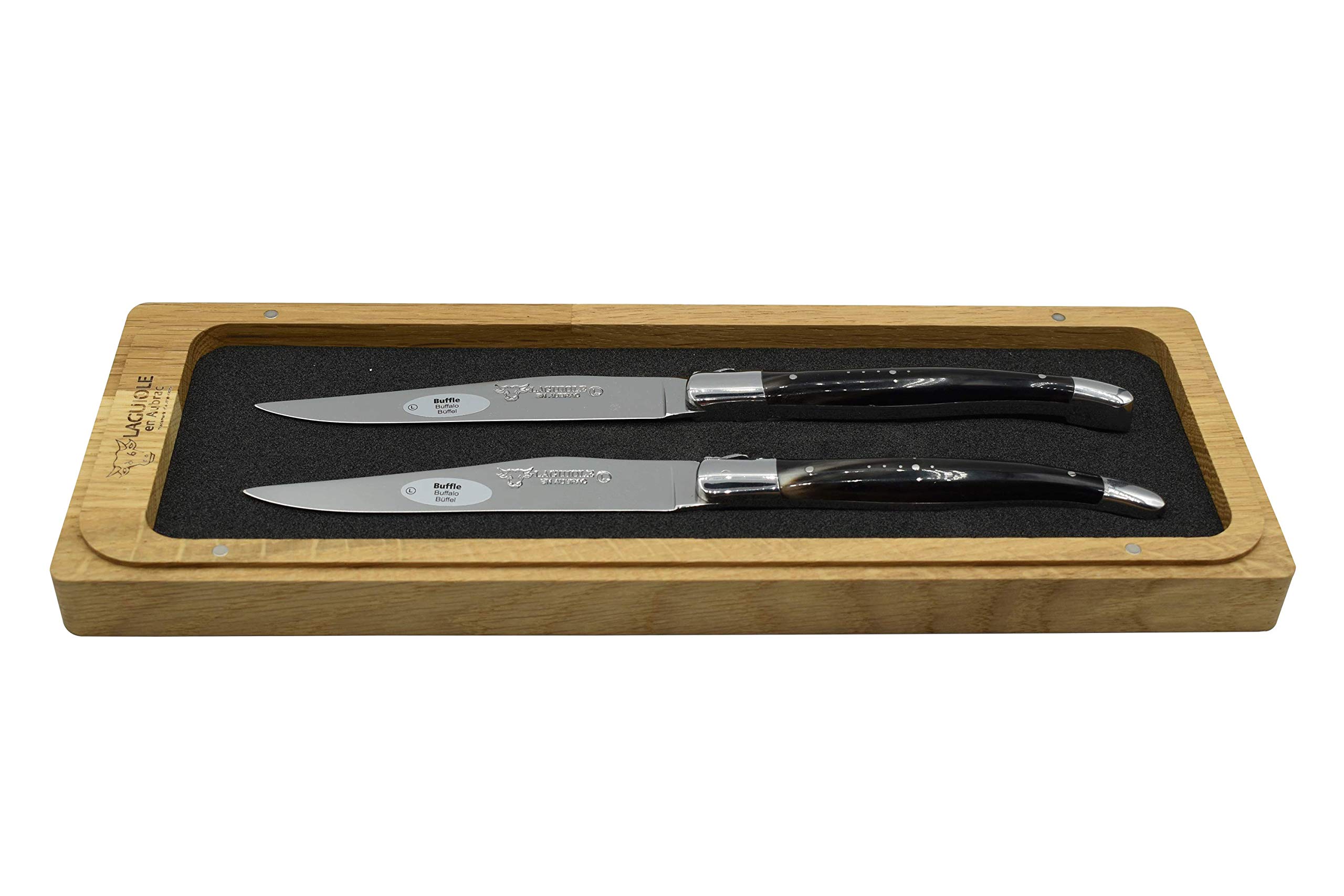 Laguiole en Aubrac Luxury Forged Full Tang Stainless Steel Steak Knives Set - 2 Piece with Buffalo Horn Handle & Polished Bolsters - Perfect for Fine Dining, Steakhouse Experience & Gourmet Gift Giving