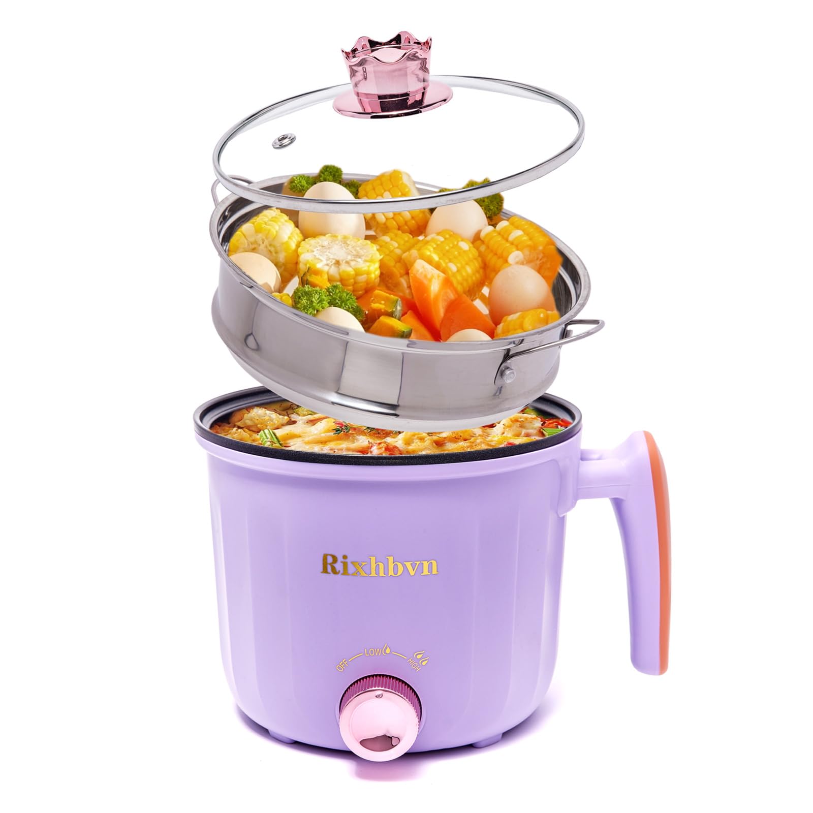 Electric Hot Pot with Steamer - 1.8L Non-Stick Multi-Cooker for Ramen, Soup, Noodles, Steak & Oatmeal | Fast Heating with Temperature Control & Rotary Switch | Perfect for Dorm, Office, Camping & Small Kitchen (Purple)
