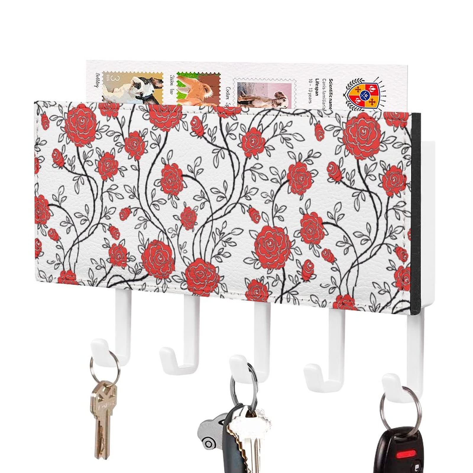 Rose Flower Printed Wall Mounted Mail Organizer with Key Hooks - Decorative Hanging Rack for Hallway, Bathroom & Entryway - Perfect for Home Office Organization & Small Space Storage