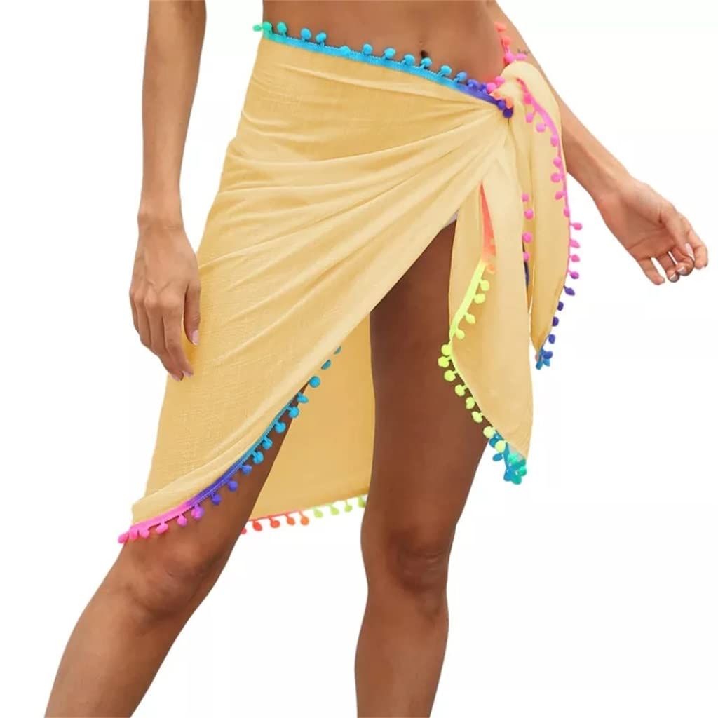 Colorful Pompom Tassel Women's Beach Cover Up Sarong - Sexy Sheer Mesh Swimsuit Wrap for Pool, Vacation & Summer Outfits (Yellow, One Size)