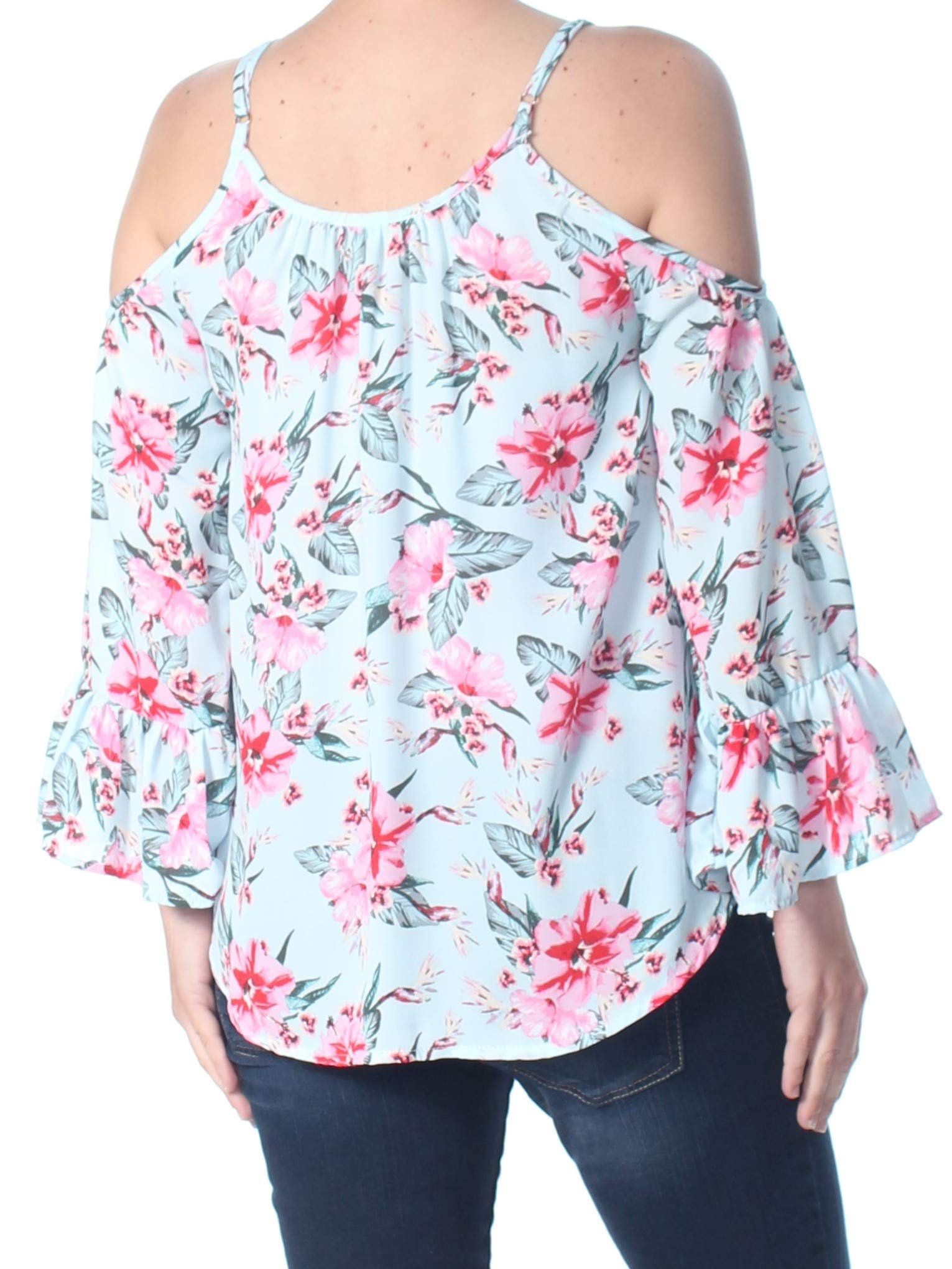 7 Sisters Juniors Printed Bell Sleeve Cold Shoulder Blouse - Light Blue Floral Top for Women | Casual Summer Tops, Boho Chic Outfits, Date Night Shirts, Party Wear & Everyday Fashion