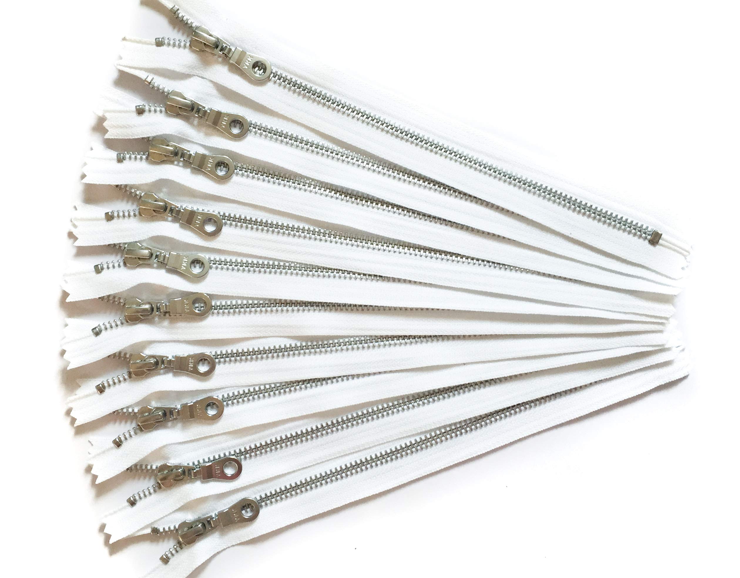 YKK Aluminum Metal Zippers 14 Inch - White with Donut Pulls, Size #5 Silver Teeth (Set of 12) for DIY Crafts, Handbags & Garment Making - Premium Quality by Craftbot