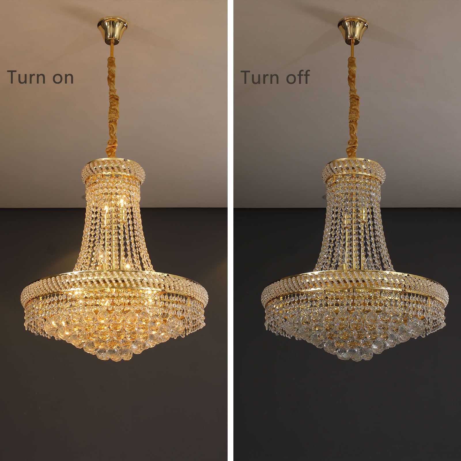 Modern K9 Crystal Chandelier - 14-Light E12 Base Golden Finish Empire Style Ceiling Light Fixture - 23.6