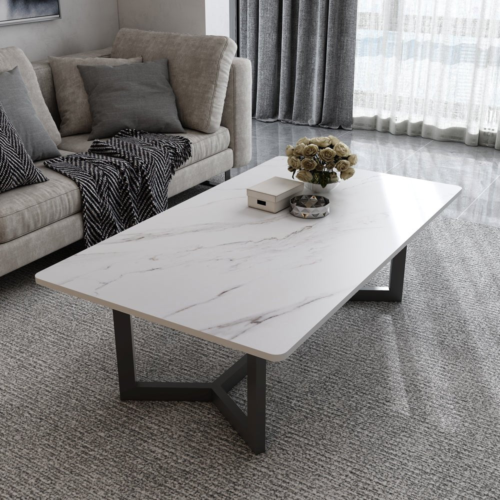 120x60cm Matte Black Minimalist Slate Coffee Table - Modern Marble Tea Table for Living Room, Rectangle Cocktail Side Table with Solid Metal Legs - Perfect for Small Spaces, Apartments & Lounge Decor