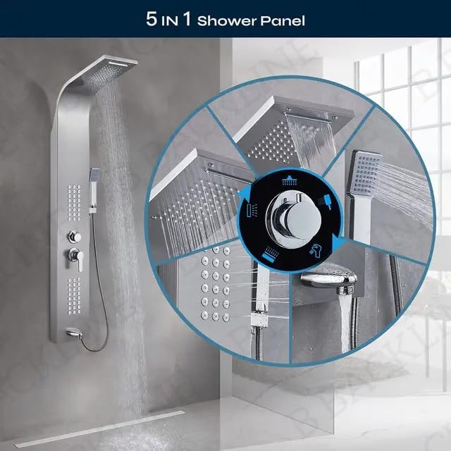 Stainless Steel Shower Panel Set with Dual Flow Overhead Waterfall & Hand Shower - Brushed Chrome Wall Mount Bathroom Fixture for Spa-Like Experience
