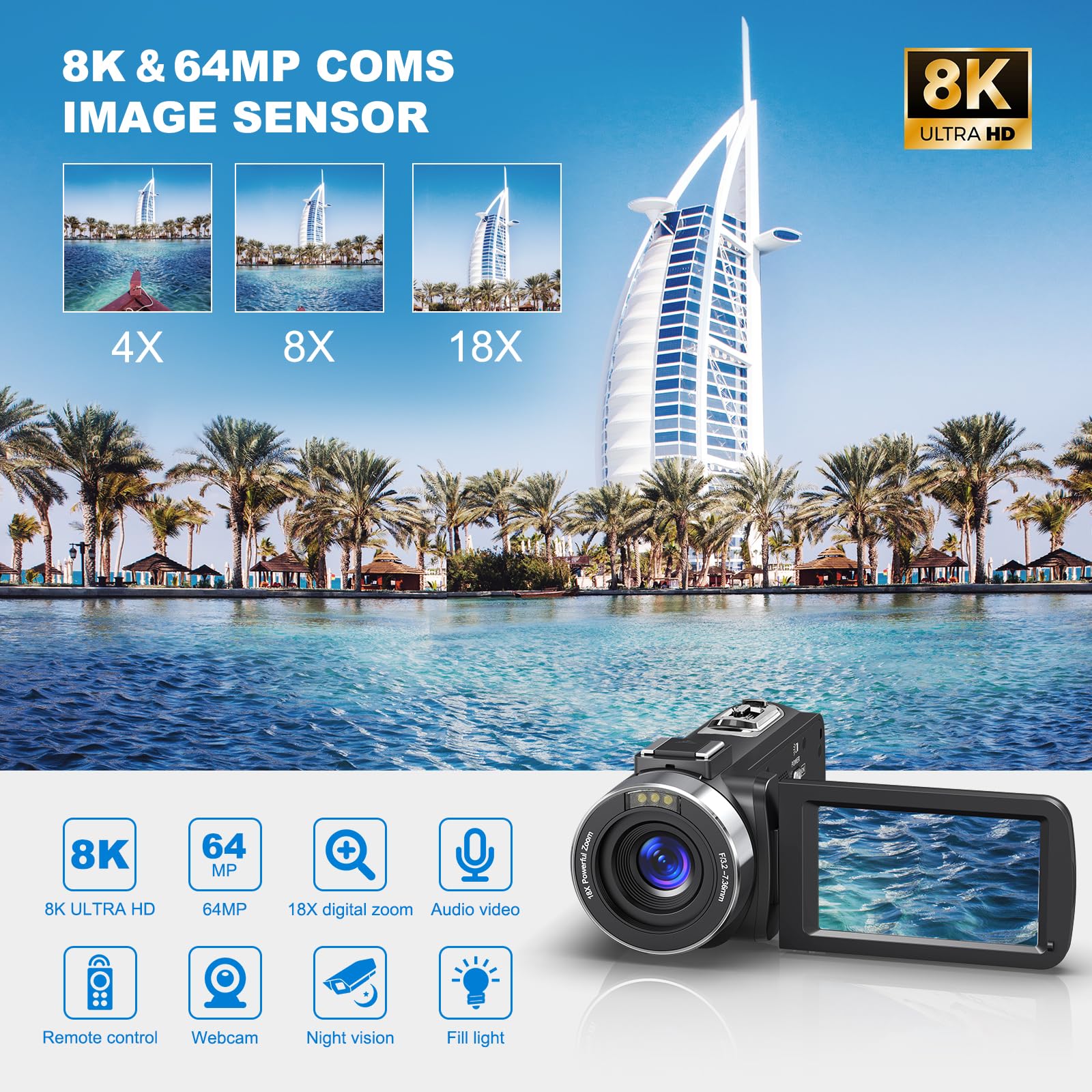 8K 64MP Digital Camcorder with 18X Zoom & 3.0