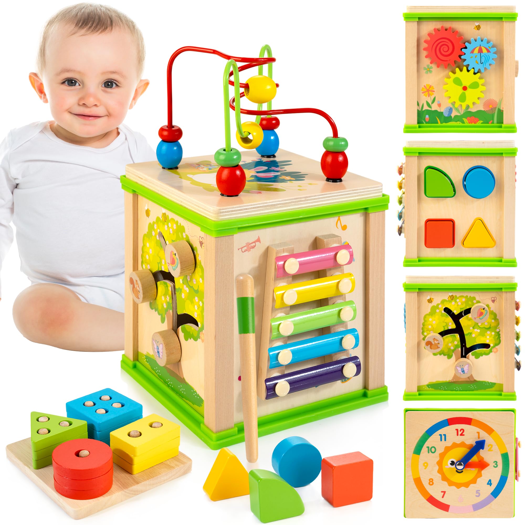 7-in-1 Wooden Activity Cube Montessori Toy for 1 Year Old Boys & Girls - Educational Learning Toy with Bonus Sorting & Stacking Board - Perfect First Birthday Gift for Toddlers - Great for Early Childhood Development & Playroom Activities