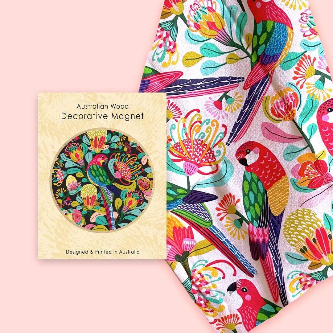 Premium Home Decor Gift Set - Designer Rosella Paradise Tea Towel & Wooden Fridge Magnet for Kitchen, Housewarming, Wedding Gifts