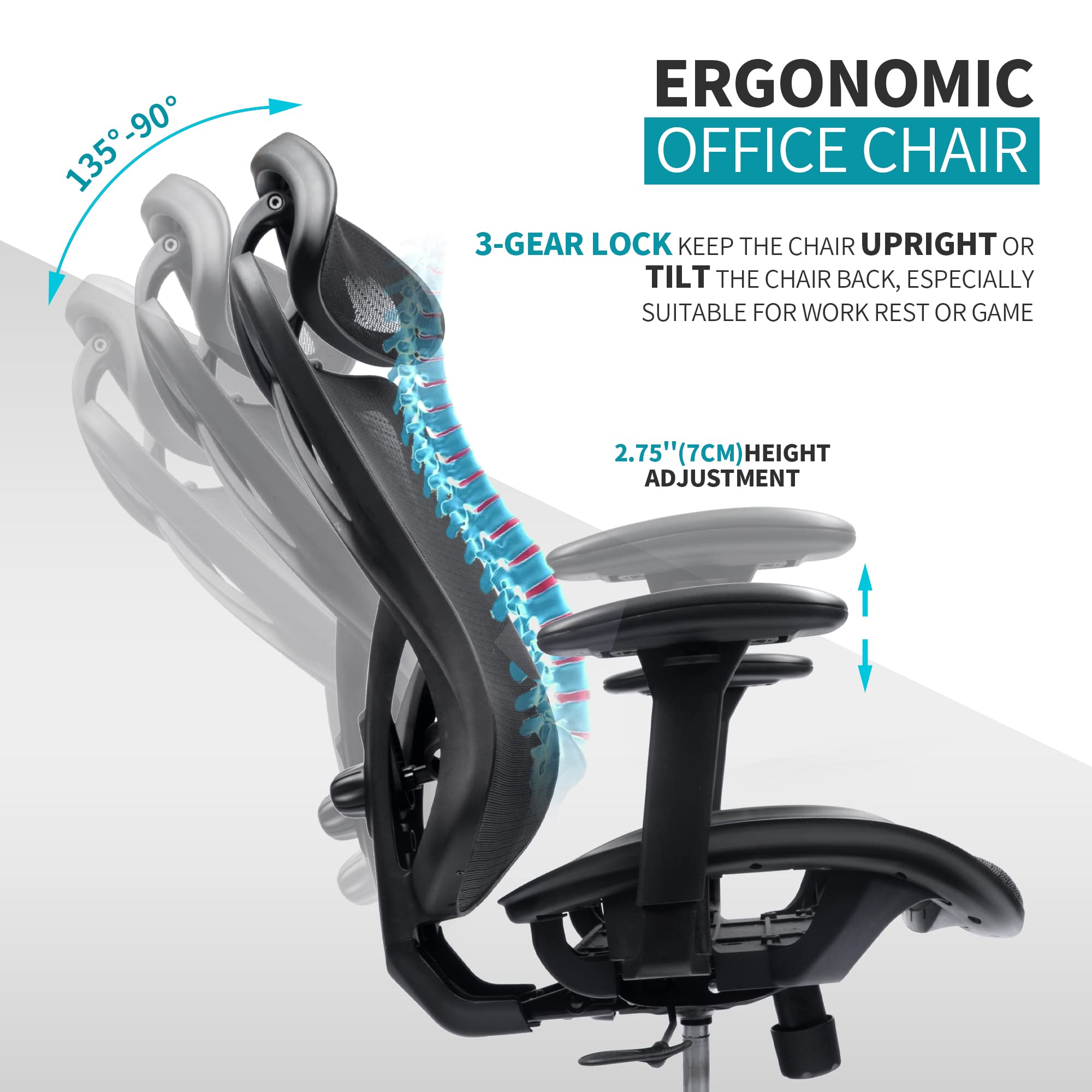 Ergonomic Mesh Office Chair with Adjustable Height, Lumbar Support & Headrest - High Back Desk Chair with Wheels, Tilt Function & Adjustable Armrests for Home Office, Gaming & Workspace Comfort